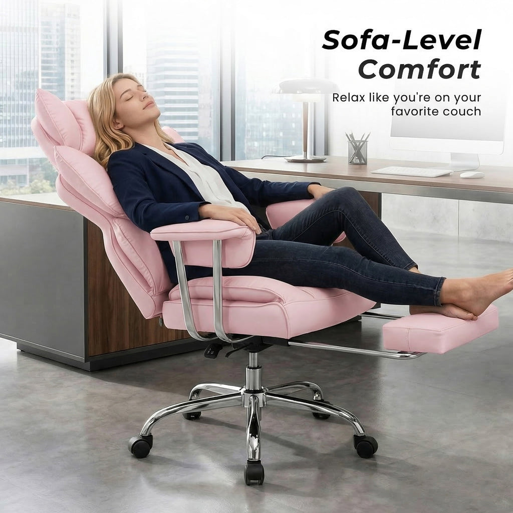 edx Executive Home Office Desk Chair, Ergonomic Big Tall High Back with Footrest & Lumbar Support, Reclining Comfy PU Leather Computer Gaming Chair with Swivel Wheels, Height Adjustable, Black
