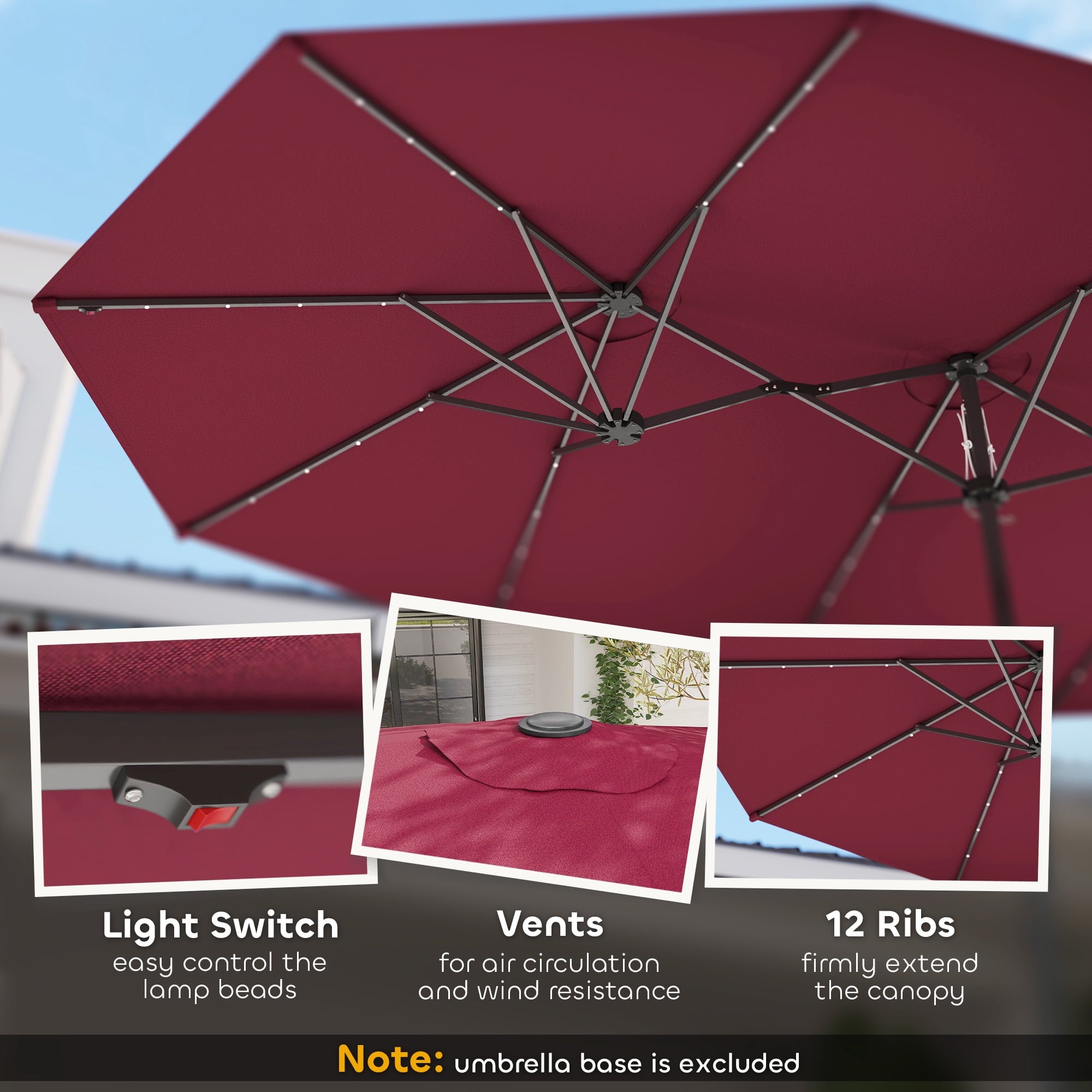 Outsunny Double-Sided Sun Umbrella, Outdoor Garden Parasol, Patio Sun Shade with LED Solar Light, Navy Blue