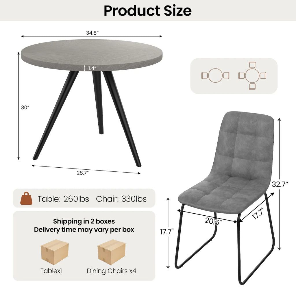 34.8 Round Dining Table for 4 People, Modern Circle Kitchen Table with Metal Legs for Kitchen, Dining Room, Apartment,Gray