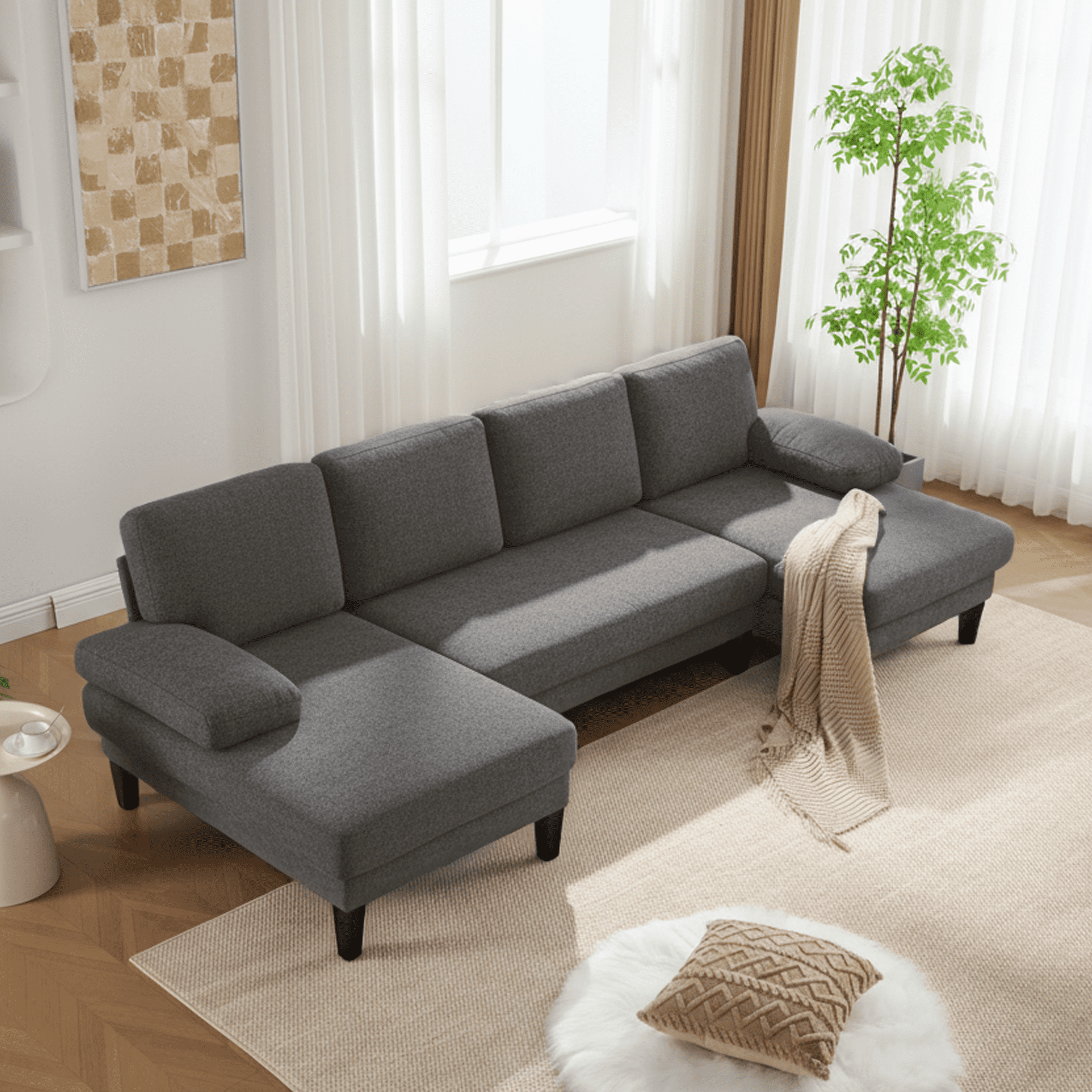 BINBANK L-Shaped Chenille Pull Out Sleeper and Storage Chaise Sectional Futon Sofa Bed with USB, Gray/Beige