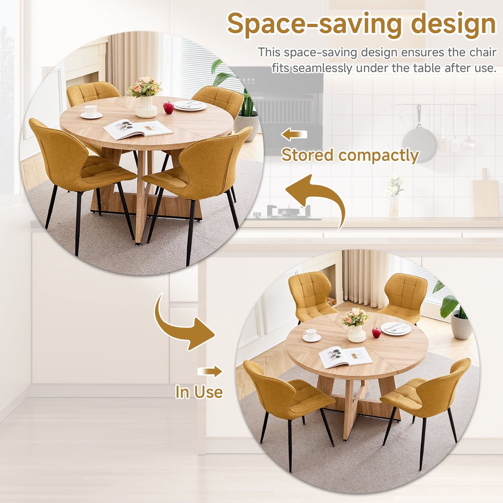 47 Round Dining Table Set for 4 Mid-Century Modern Kitchen Table with 4 Upholstered Chairs Kitchen Coffee Set Dining Table and Chairs for Living Room(Natural Table with 4 Beige Chairs)