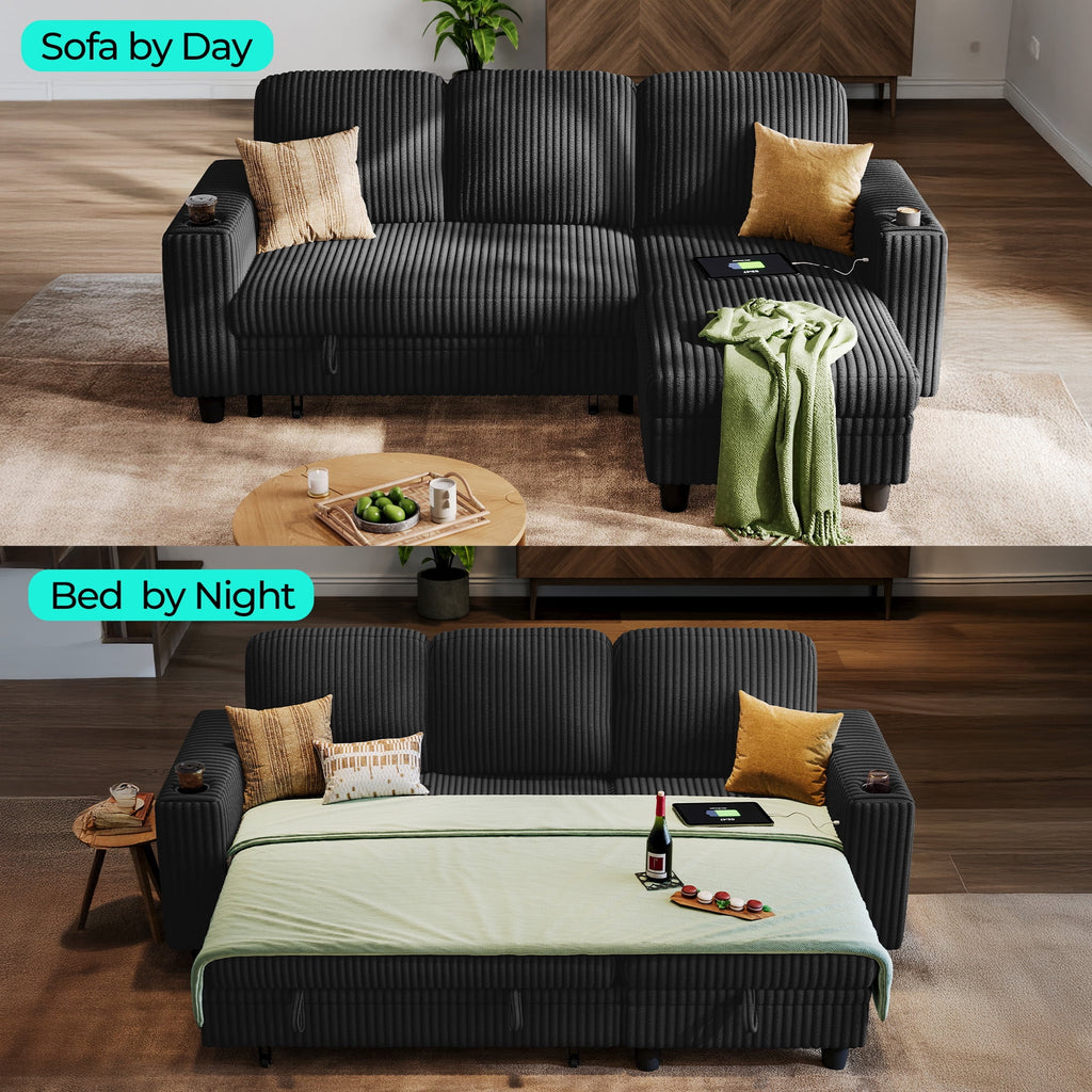 LINSY HOME L Shaped Sectional Couches for Living Room, Sleeper Sofa Bed with Reversible Storage Chaise, Pull Out Couch Bed with USB, Cup Holder, Black