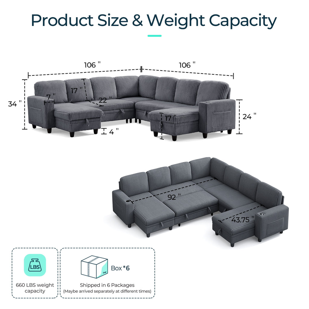 LINSY HOME L Shaped Sectional Couches for Living Room, Sleeper Sofa Bed with Reversible Storage Chaise, Pull Out Couch Bed with USB, Cup Holder, Black