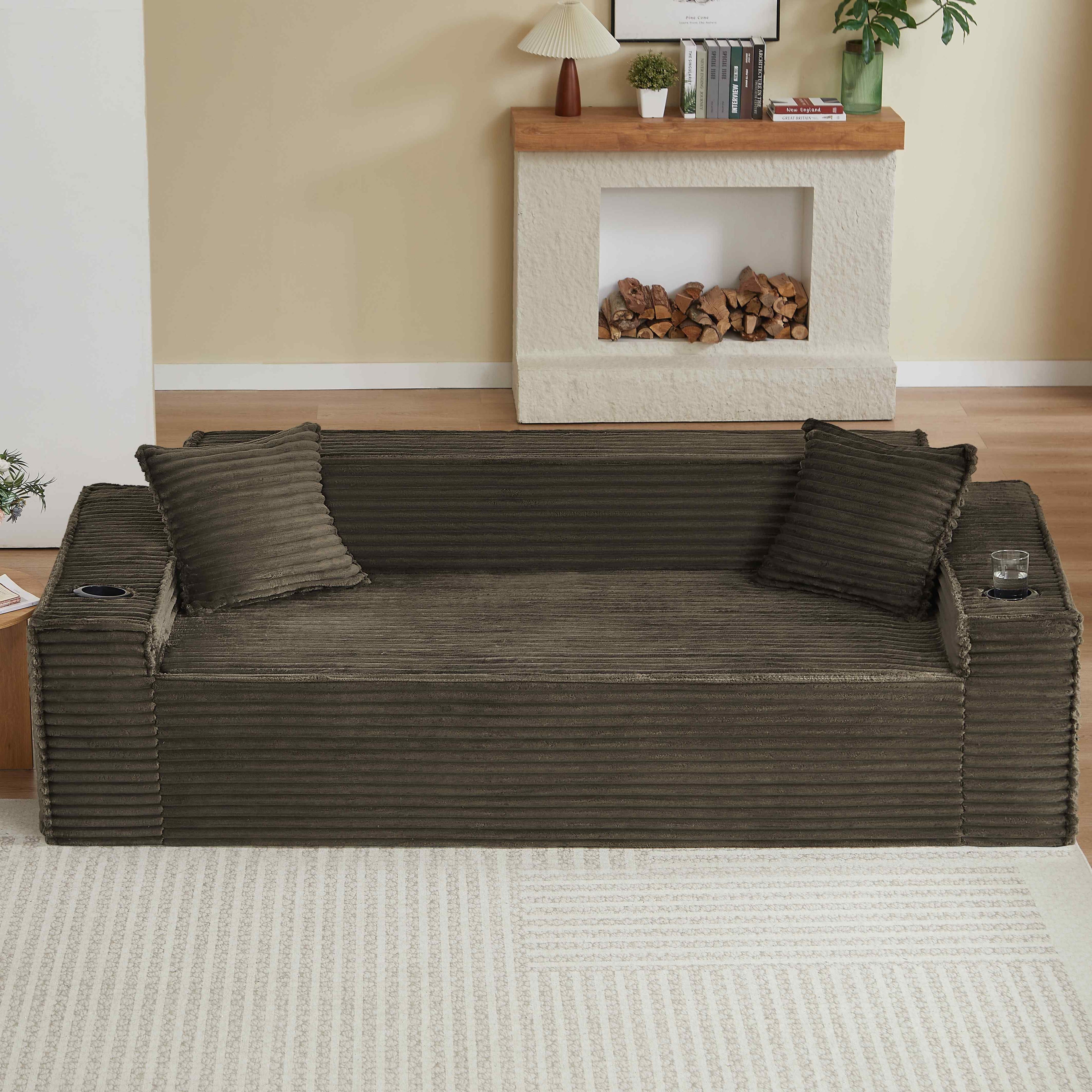 FFH 80.7 Corduroy Sofa, 3 Seater Boneless Cloud Couch for Small Living Rooms, Apartments and Offices, Black
