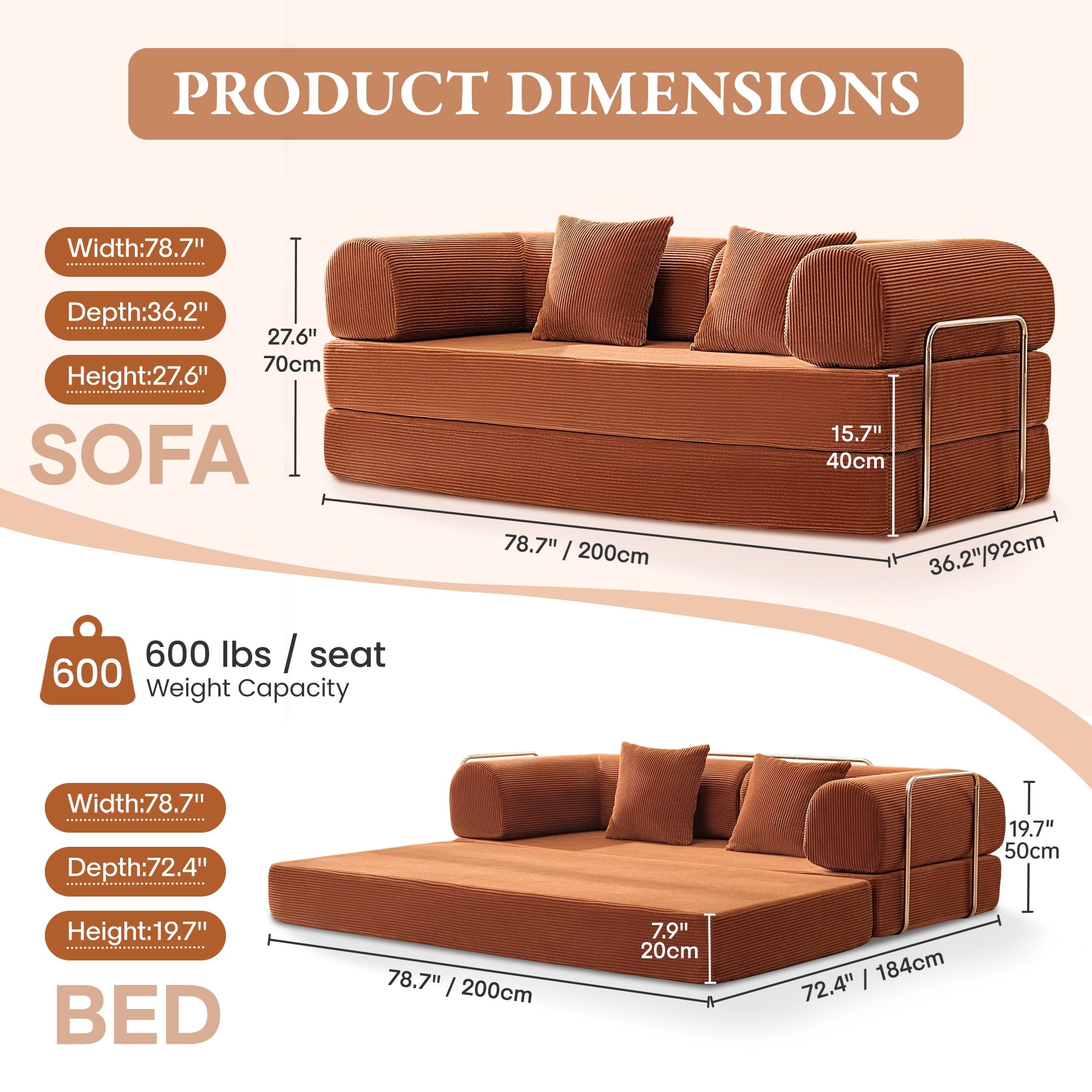 COOLHUT 63 W Combination Sofa, High Rebound Density Foam Sofa Couch, Two Forms Floor Couch Three Seats Sofa Bed for Living Room, Bedroom, Green