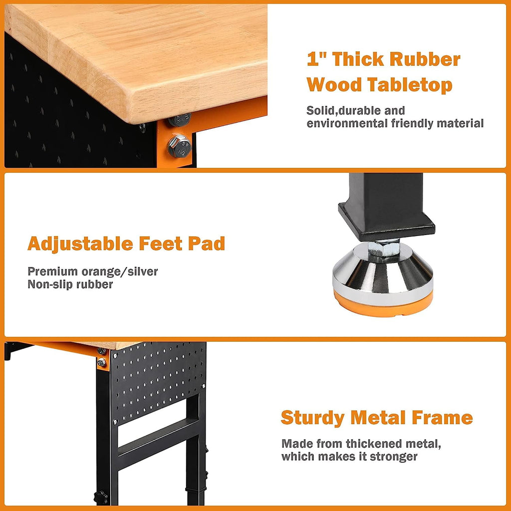 Tolead 60 Heavy-Duty Adjustable Workbench with Power Outlets, Rubber Wood Shop Table, Metal Wheels, Workstation