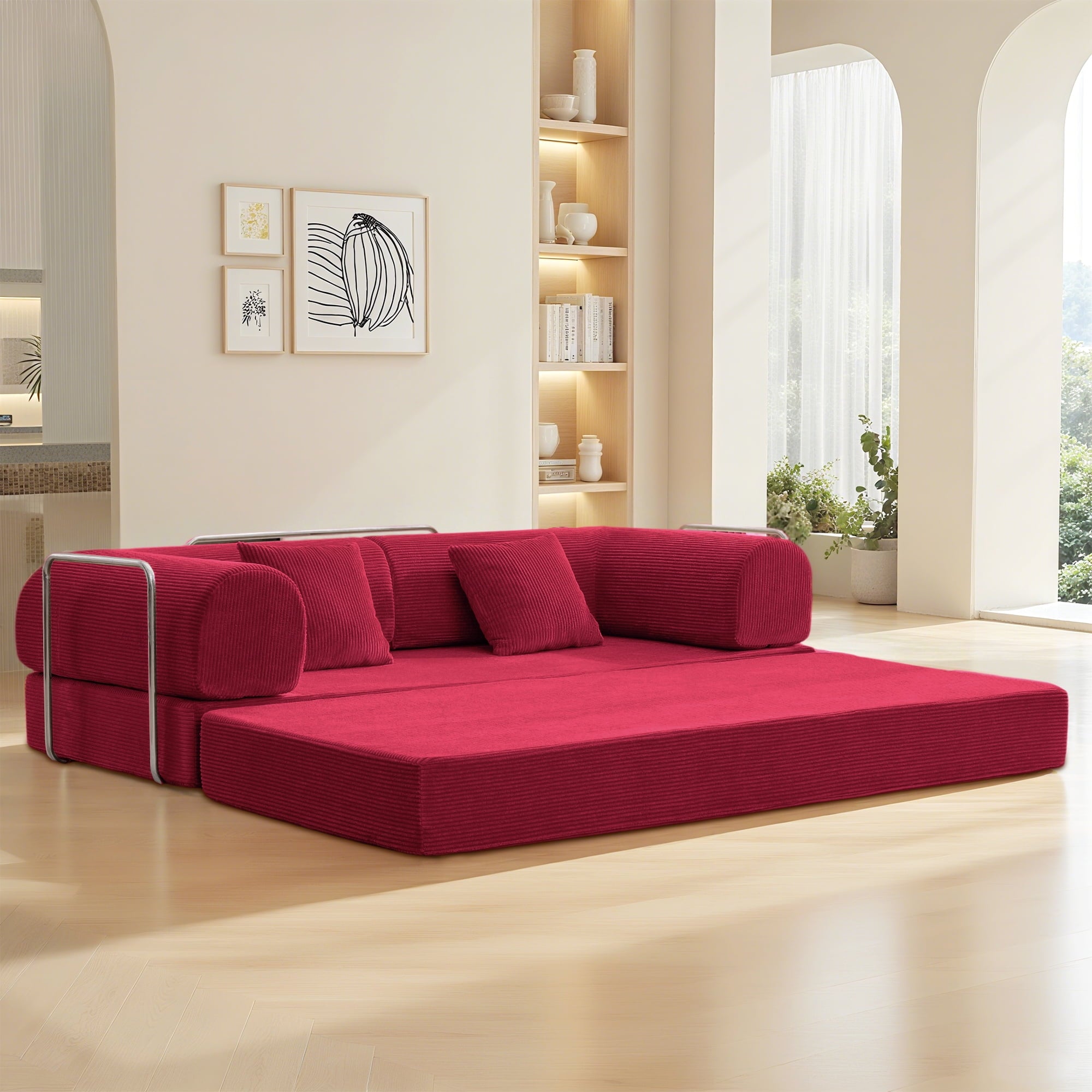 COOLHUT 63 W Combination Sofa, High Rebound Density Foam Sofa Couch, Two Forms Floor Couch Three Seats Sofa Bed for Living Room, Bedroom, Green