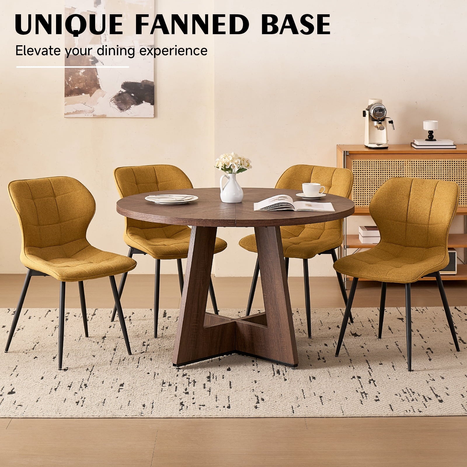 5 Piece 47'' Round Dining Table Chairs Set for 4, Farmhouse Oak Kitchen Table with 4 Boucle Mid Century Modern Dinning Room Chairs, Wood Dinner Table &Upholstered Chair Set of 4, Beige