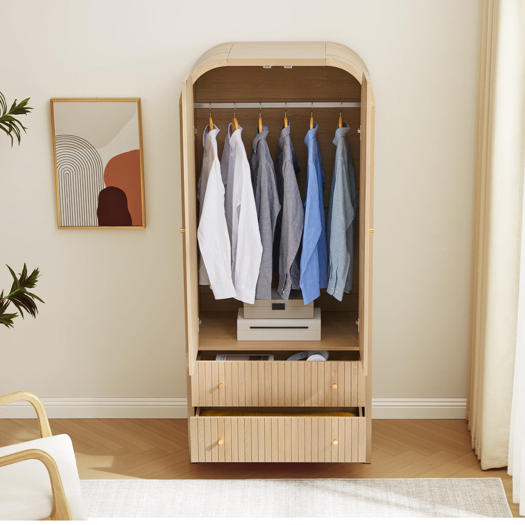 Wirrytor Freestanding Wooden Armoire Wardrobe with 2 Woven Doors and Storage Drawers, Space-Saving Closet Cabinet for Bedroom, Sturdy Mdf Board Closet with Hanging Rail