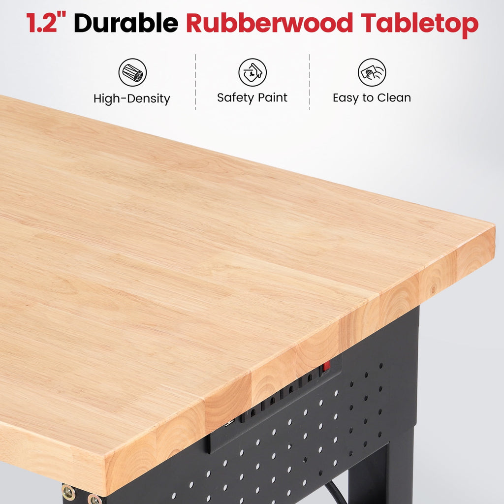 Workbench for Garage,ENJOYWOOD Heavy Duty 84 inch Wood Work Bench with Power Outlets and Peoboards,Rubber Wood Tabletop,5000 LBS Load Bearing Workstation Garage Desk Work Table