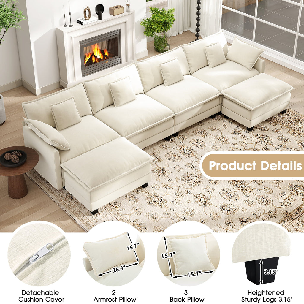 BedLuxury 111.5'' Modular Sectional Sofa with Movable Ottomans, U Shaped Cloud Couch for Living Room, 3-Seat, Grey