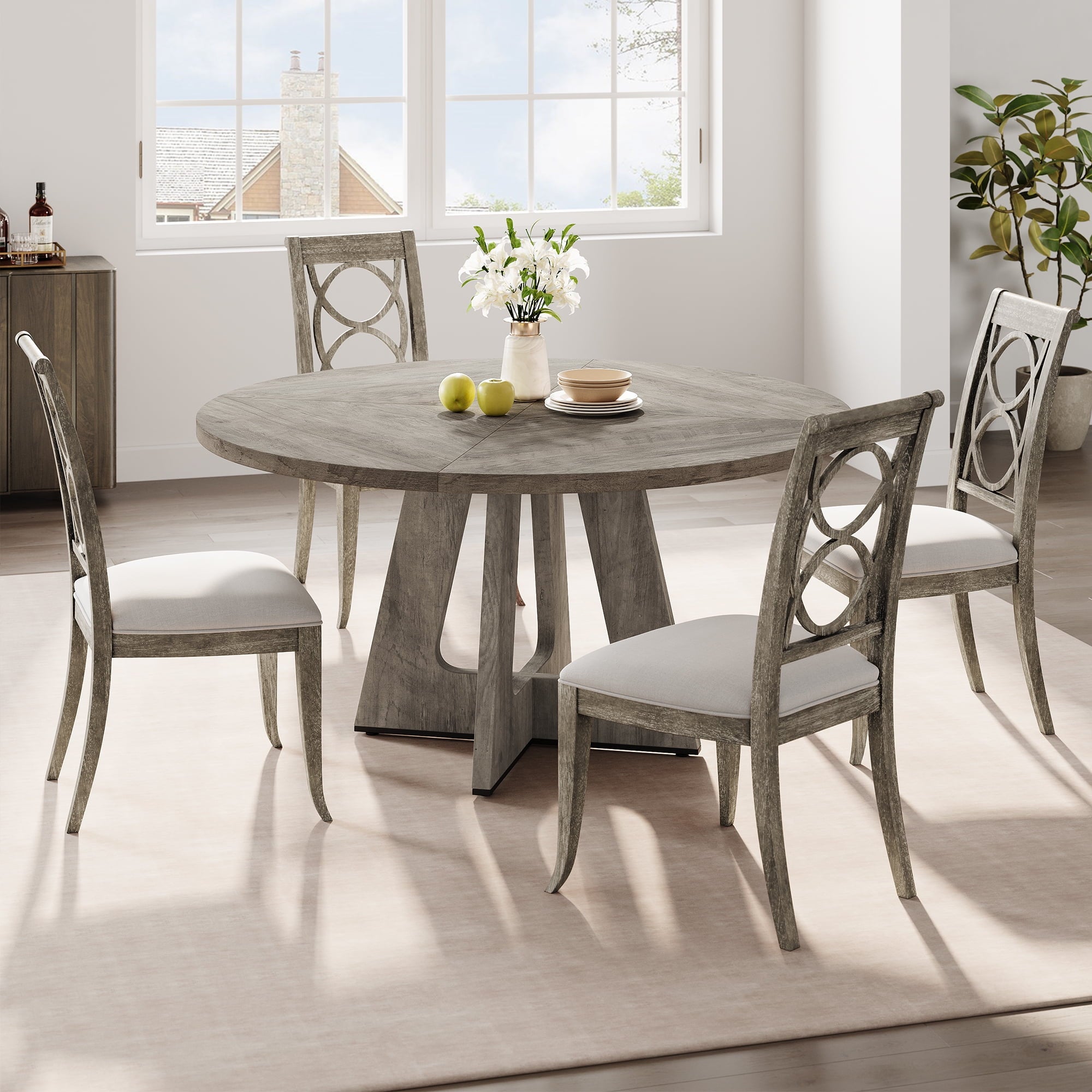Ataucjin 47-Inch Round Large Dining Table, Wooden Kitchen Table Set for 4, Farmhouse Dinner Table with Wooden Top and Legs for Home Dining Room or Living Room - Rustic Brown(Only Table)