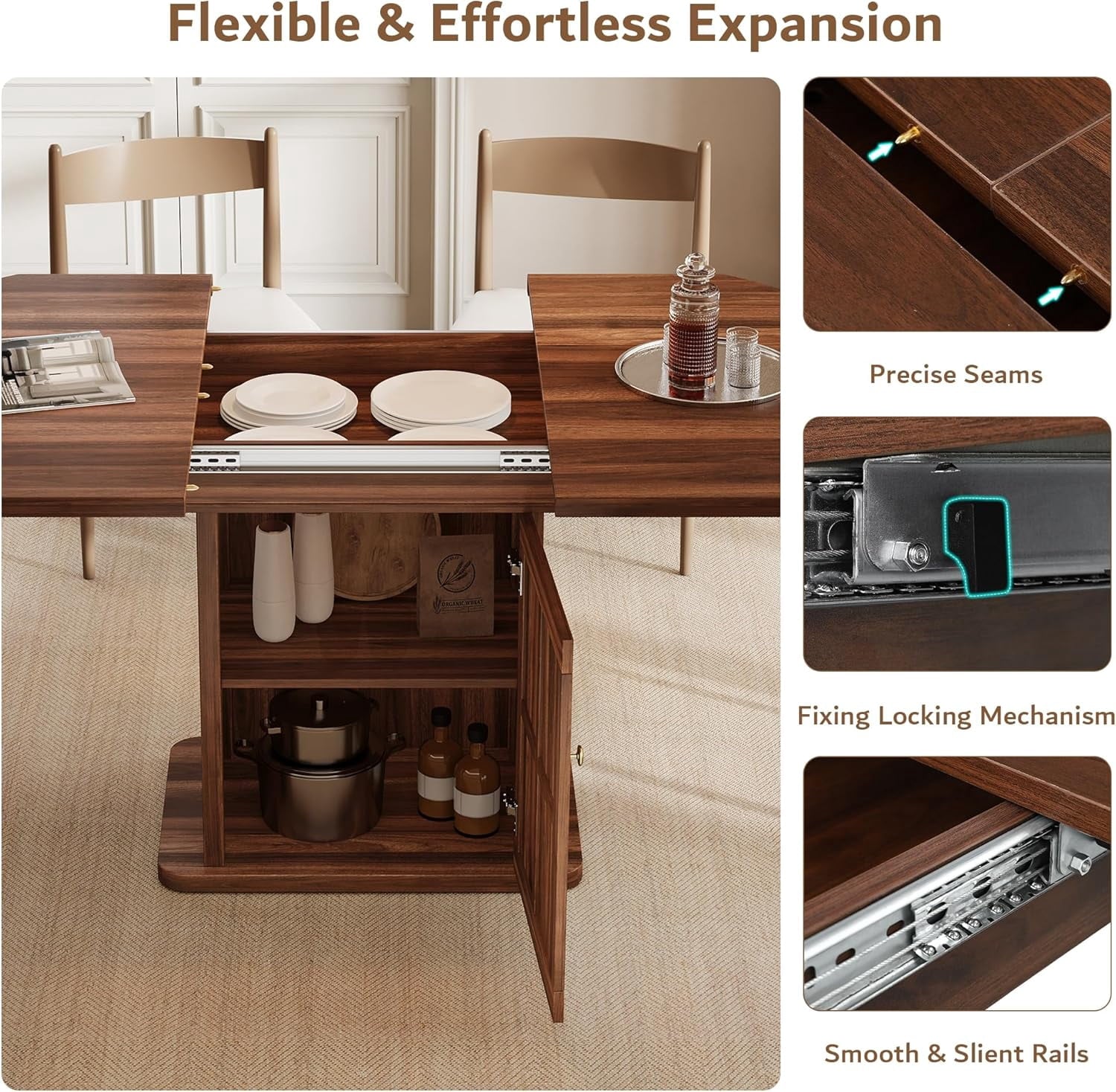 iPormis Extendable Round Dining Table for 4-6, 59'' Modern Kitchen Table with 2-Tier Storage Shelf, Wood Door, MDF Board, Space Saving Oval Dinner with Sturdy Pedestal Base, Kitchen, Dining,Walnut