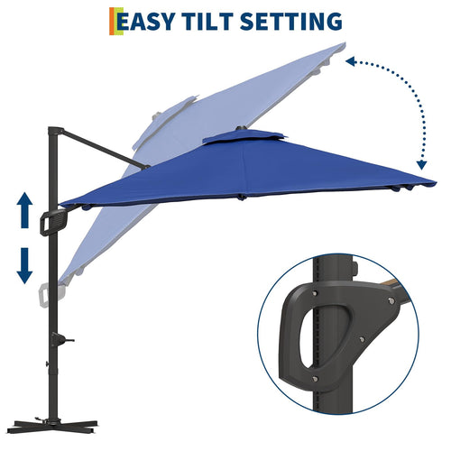 10x10 FT Offset Patio Umbrella with Base Included, 360° Rotation Large Square Cantilever Umbrella, Outdoor Sun Shade with Easy Tilt for Pool, Backyard, Deck, Garden, Navy Blue