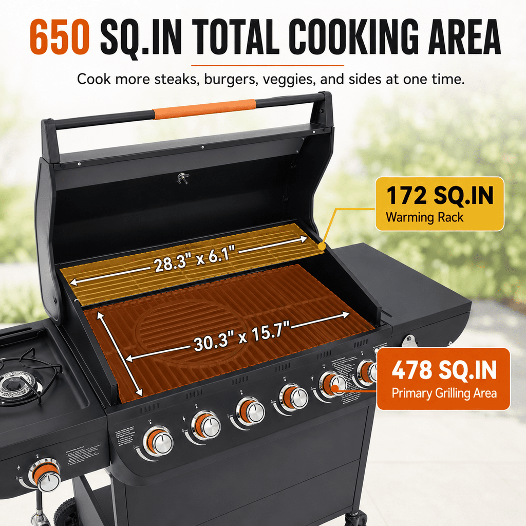 72,000 BTU Gas Grills Clearance, 6-Burner Propane BBQ Grill with Side Burner, 650 Sq.In Cooking Area, Cast Iron Grates, Warming Rack, Thermometer, Outdoor Grill for Patio Backyard