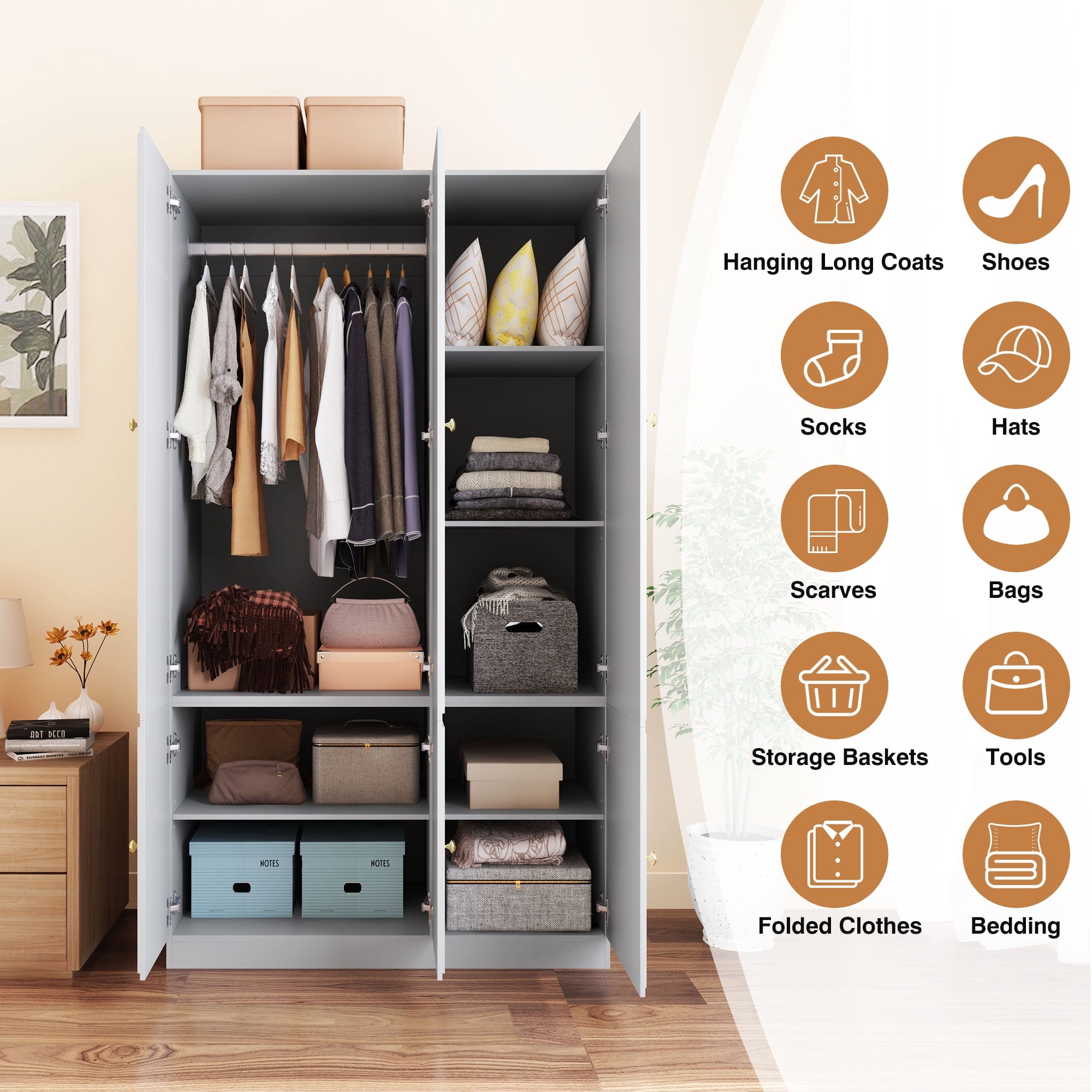 Wirrytor Freestanding Wooden Armoire Wardrobe with 2 Woven Doors and Storage Drawers, Space-Saving Closet Cabinet for Bedroom, Sturdy Mdf Board Closet with Hanging Rail