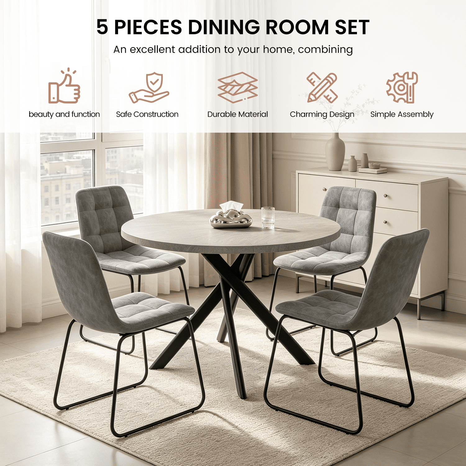 43.5 Round Dining Table for 4, Space Saving Kitchen Table with Metal Legs, Mid Century Modern Dining Table for Dining Living Room Apartment Small Space