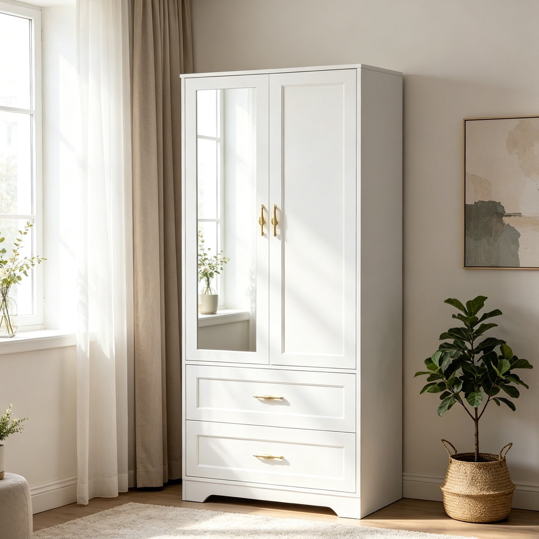 Ktaxon Wardrobe Armoire Closet with Hanging Rod, Modern Drawer & Shelf – Elegant White Finish Closet, Farmhouse to Mid-Century Style