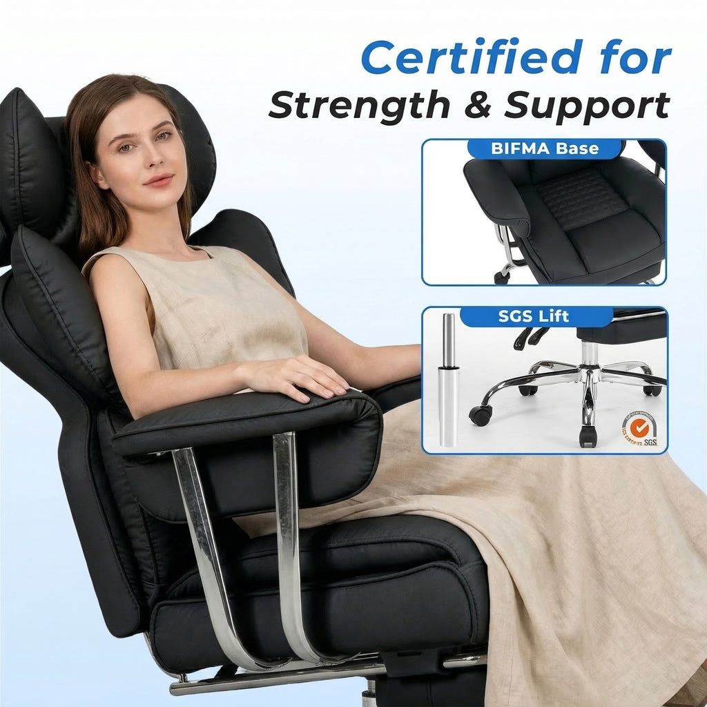 edx Executive Home Office Desk Chair, Ergonomic Big Tall High Back with Footrest & Lumbar Support, Reclining Comfy PU Leather Computer Gaming Chair with Swivel Wheels, Height Adjustable, Black