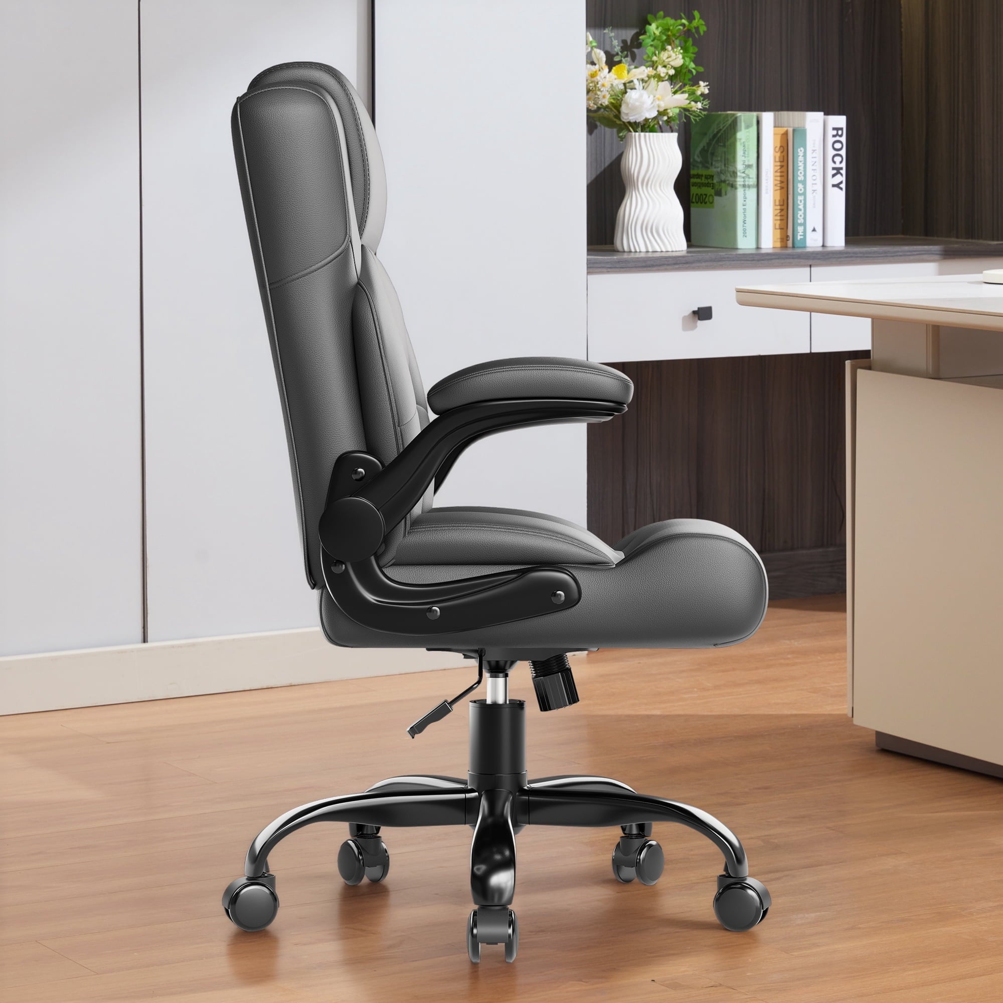 JONPONY Leather Office Chair, Big and Tall 500lbs Ergonomic Desk Chairs with Back Support, Executive Leather Chair with Wheels for Home Office, with Adjustable Padded Armrest & Lumbar Support , Black