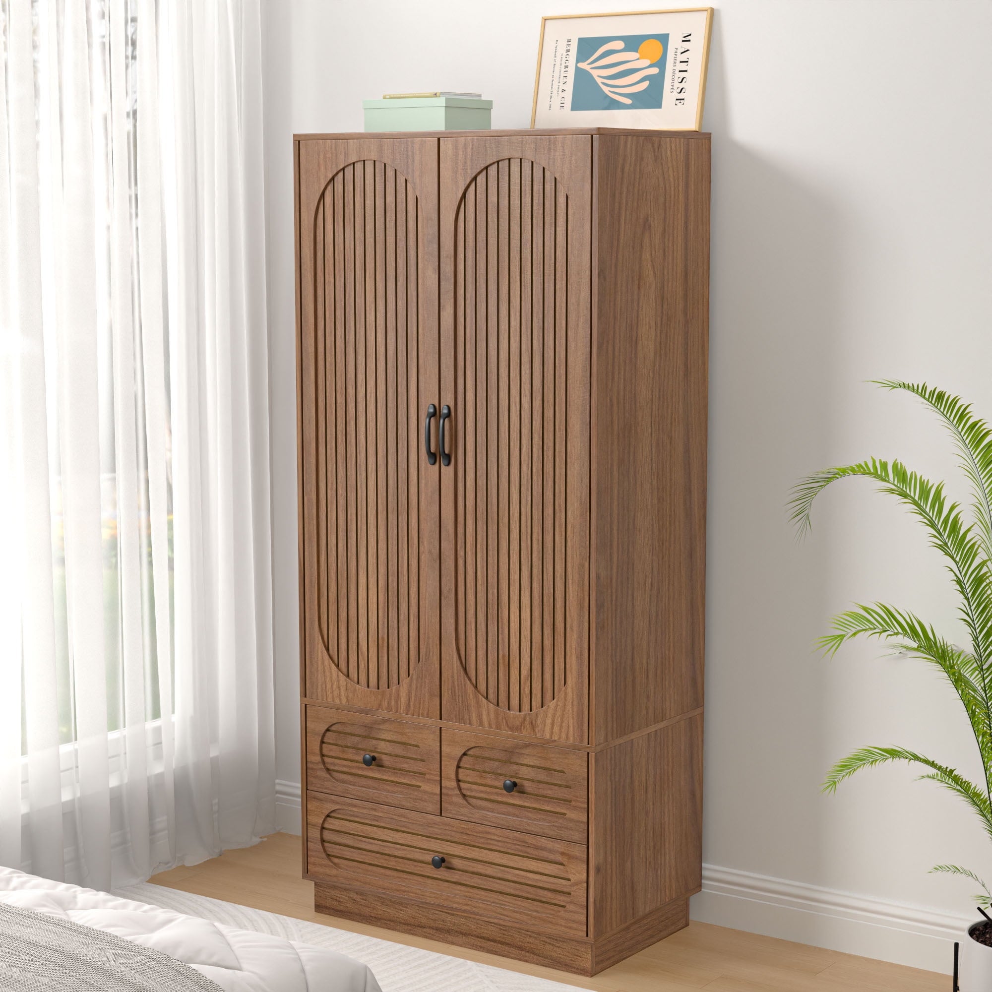 Wardrobe Closet with 2 Door & 3 Drawers, Freestanding Wooden Closet with Shelves and Hanging Rod, Bedroom