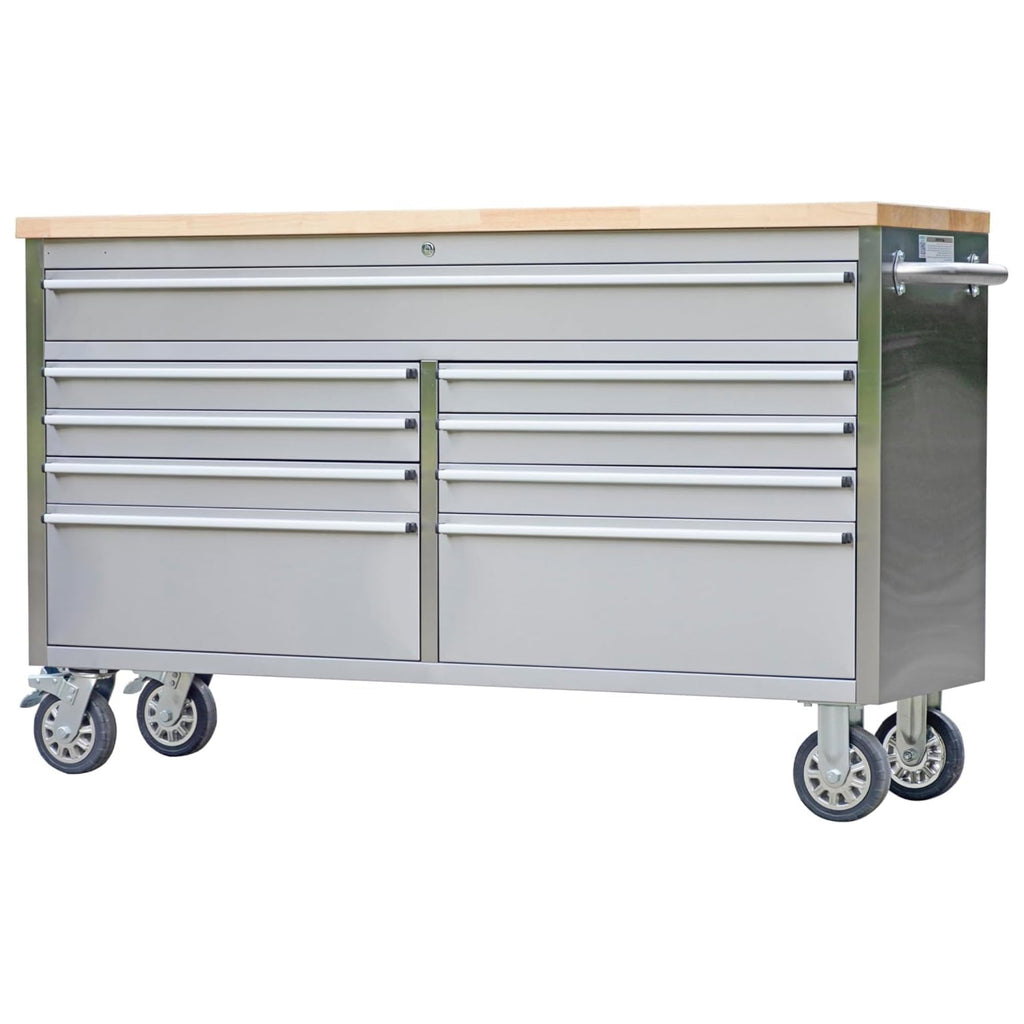 Garvee 61 Tool Chest, Rolling Workbenches with 9 Drawers and Pre-Installed Power Strip for Garage, Workshop, Kitchen