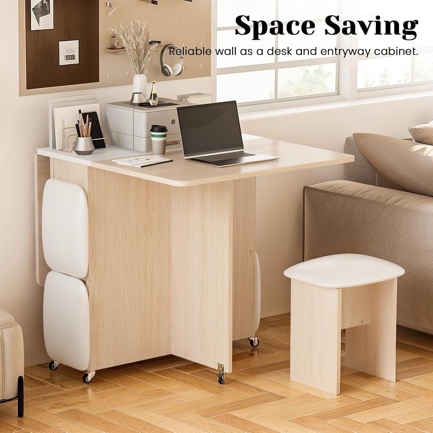 MIERES Folding Dining Table Set for 4, Dinner Table with 4 Leather Chairs and Shelves, Space Saving Foldable Dining Table with 6 Wheels, Kitchen Table for Small Spaces (Grey)