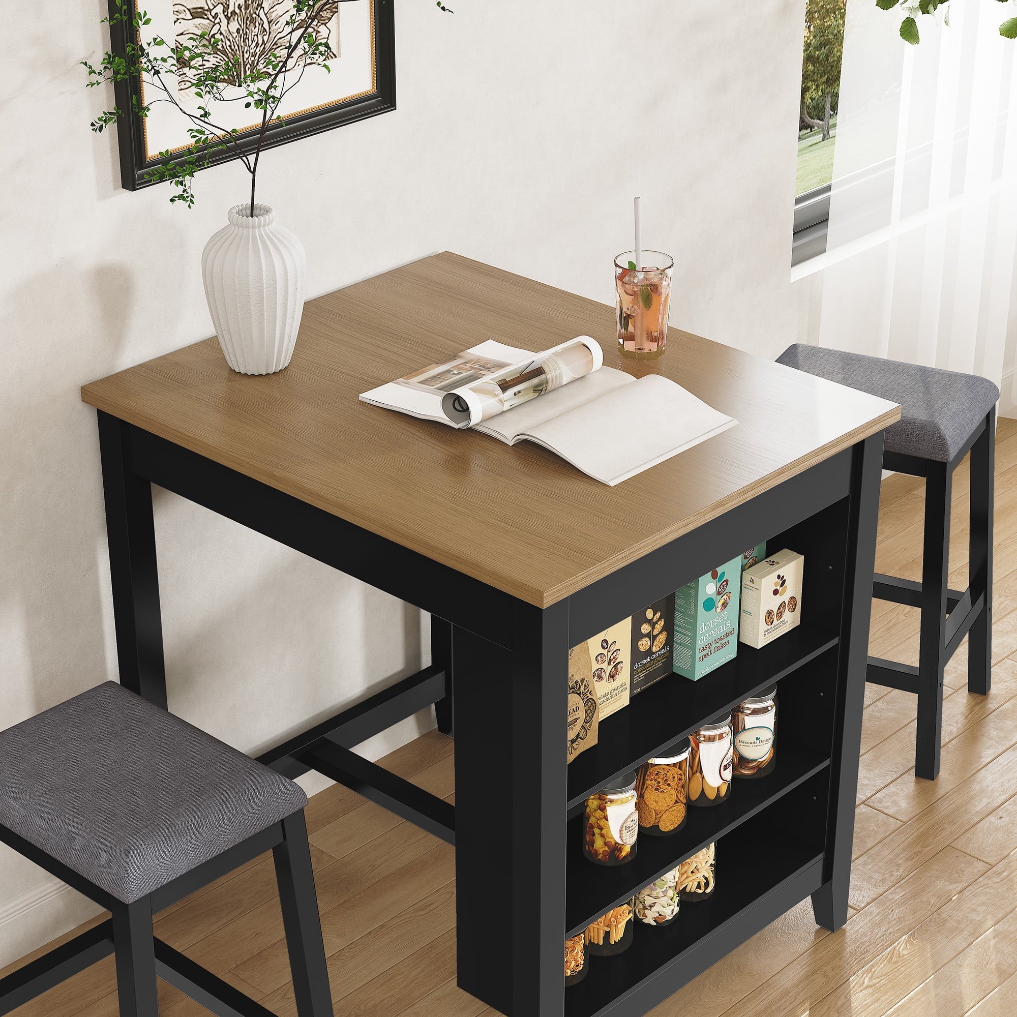 HLR 24.8 Bar Stools, Farmhouse Set of 2 Bar Chairs with Cushion for Kitchen, Dining Room, Cafe Black