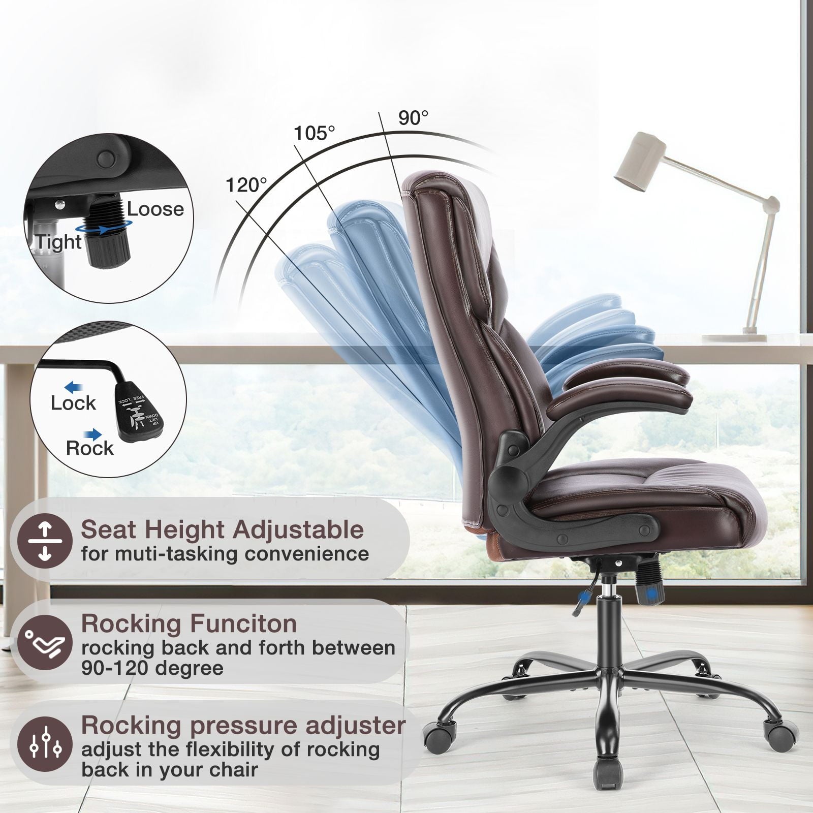 GIANNA Heavy Duty Ergonomic Computer Gaming Office Chair, With Wheels, Flip-up Arms, Adjustable Height, PU Leather, Black