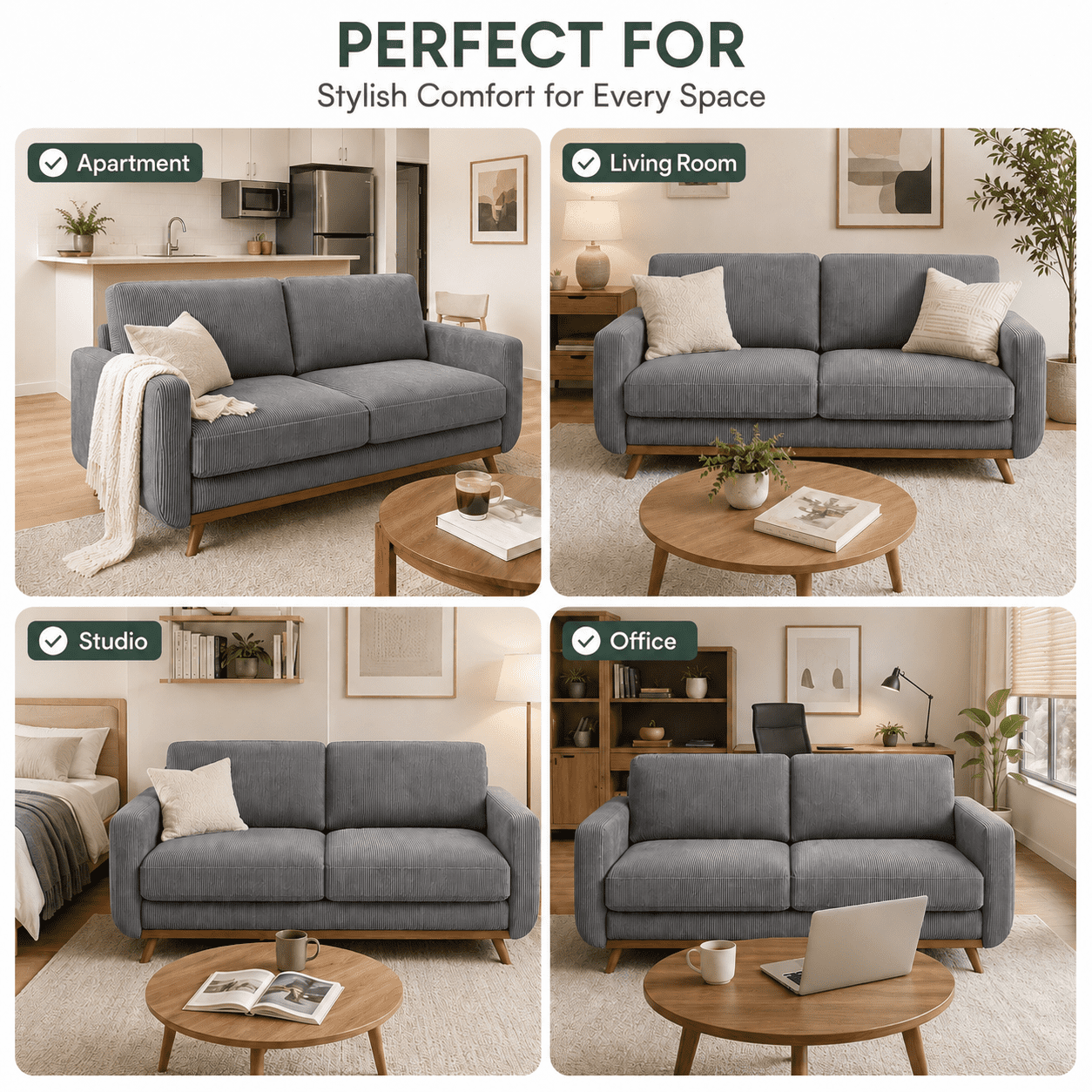 Neche 68 Corduroy Sofa for Living Room, 2 Seater Modern Couch for Small Space Office, Comfy Loveseat in a Box, Green