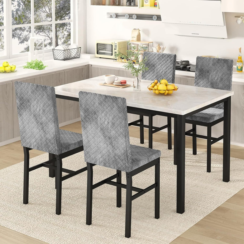 Baxluxe Dining Table Set for 4, Modern 5 Piece Dining Table Set, Faux Marble Kitchen Table and 4 Velvet Upholstered Chairs for Apartments, Dining Rooms, Small Spaces, Gray