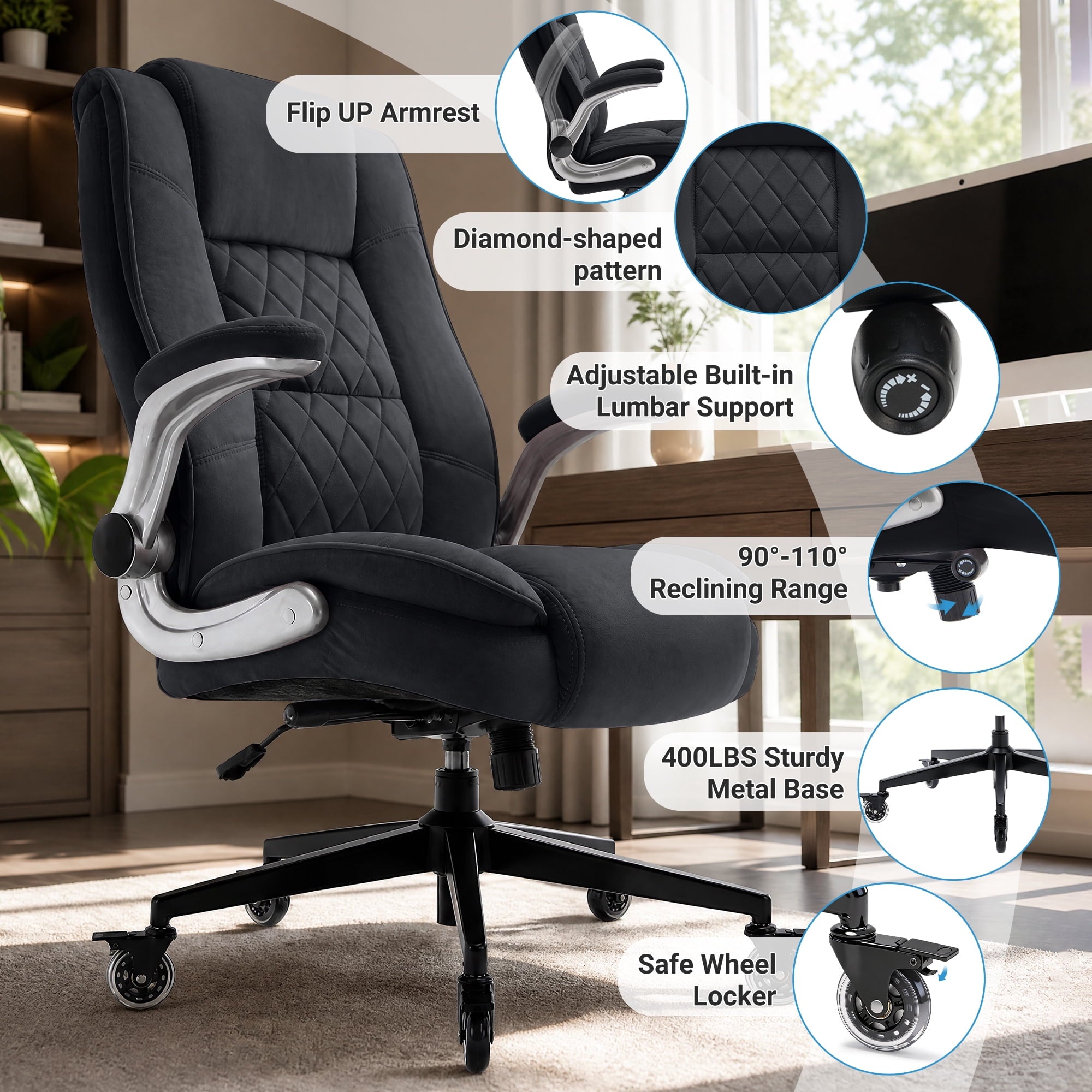 Ergonomic Home Office Chair with Locking Wheels, High-back Desk Chair with Thick Padded Flip-up Armrest, Comfy Executive Chair with Adjustable Lumbar Support for Home & Office & Work