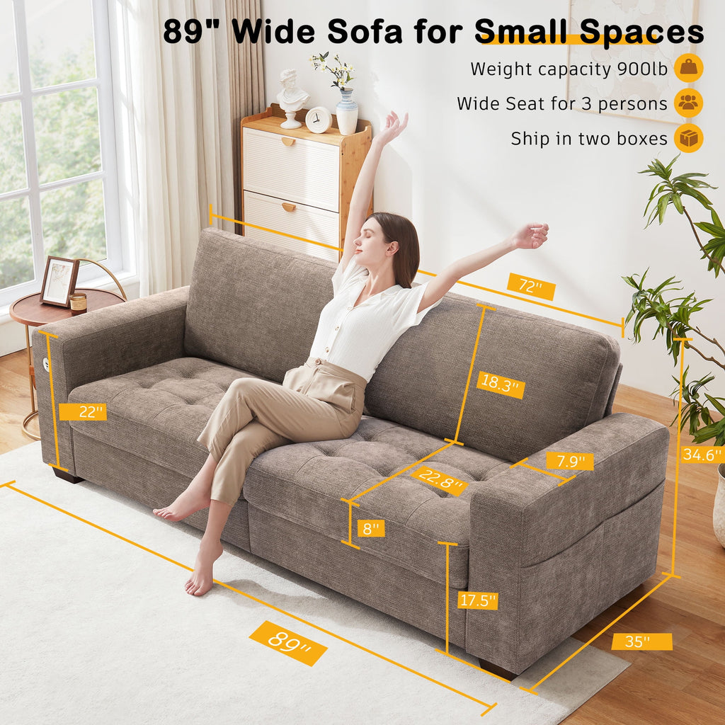 Bedluxury 89 Deep Sofa Couch with USB/Type-C Charging, Storage Pocket & Wide Armrest, Removable Cover, Seats 3 Adults, Chenille Beige