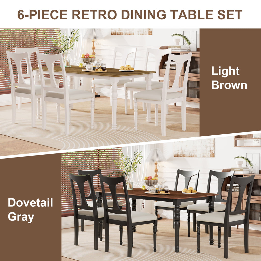 Harper & Bright Designs 7 Pieces Retro Dining Set for 6, Wood Rectangular Table with Designed Trestle Base and 6 Upholstered Chairs for Dining Room and Kitchen, Grey