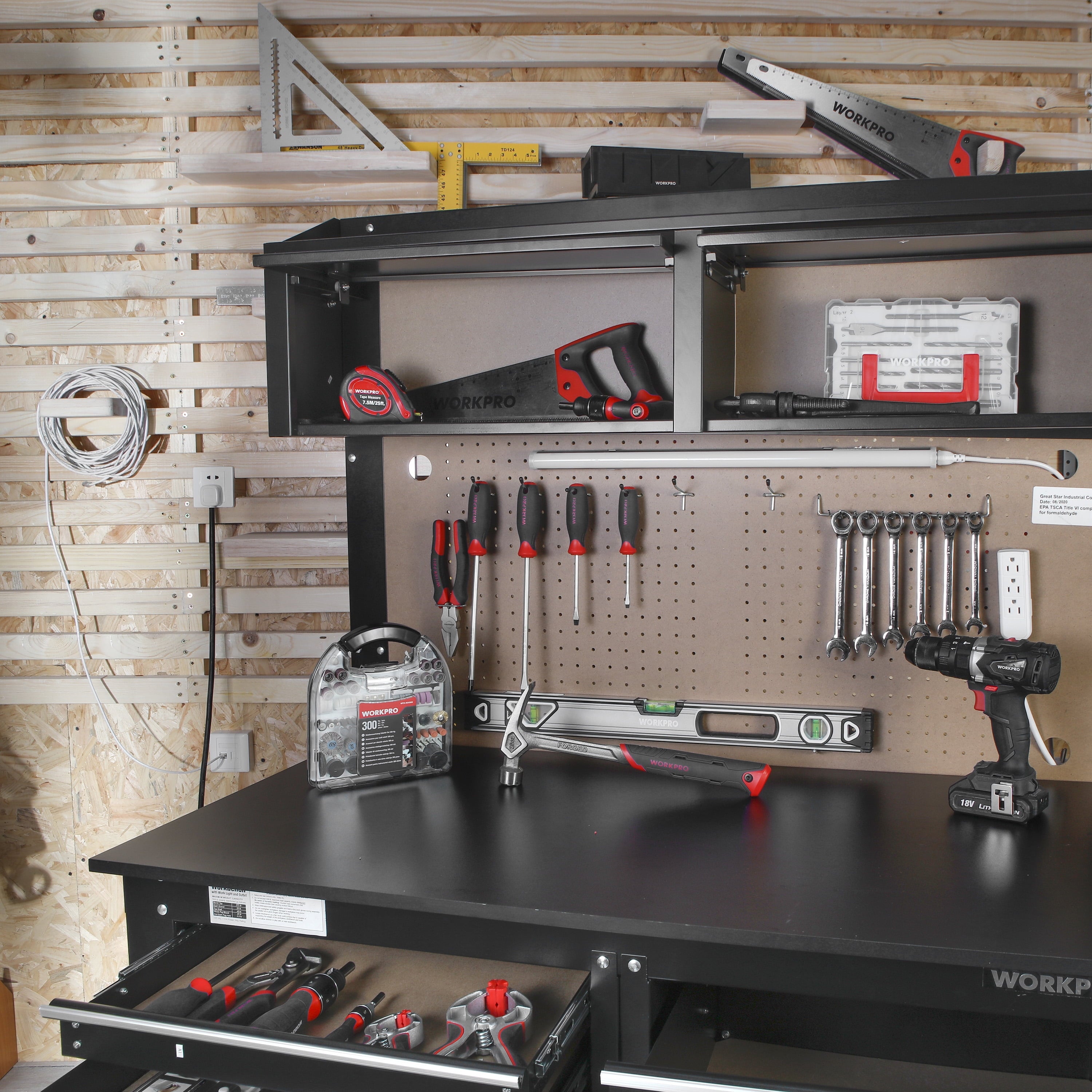 WORKPRO 2-in-1 48-inch Workbench and Cabinet Combo with Light, Steel, Wood