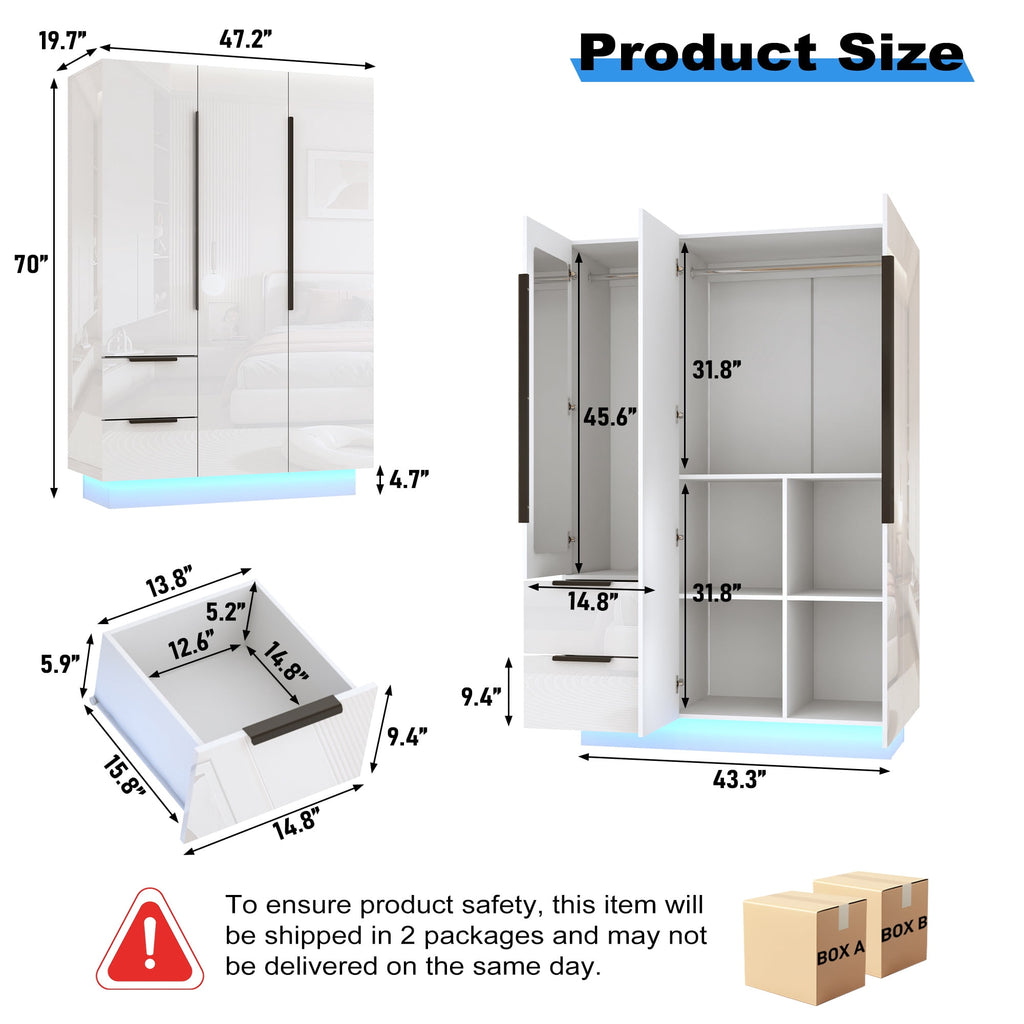 ANPOO 3 Door Wardrobe Closet with 2 Drawers & Mirror, 70H High Gloss LED Wardrobe Armoire with Hanging Rod, Wooden Large Freestanding Storage Wardrobe for Bedroom, High Gloss White Armoire