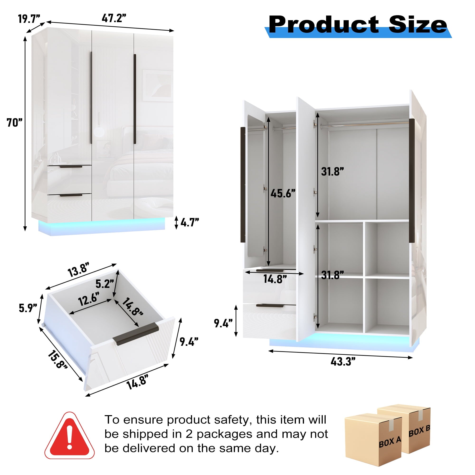 ANPOO 3 Door Wardrobe Closet with 2 Drawers & Mirror, 70H High Gloss LED Wardrobe Armoire with Hanging Rod, Wooden Large Freestanding Storage Wardrobe for Bedroom, High Gloss White Armoire