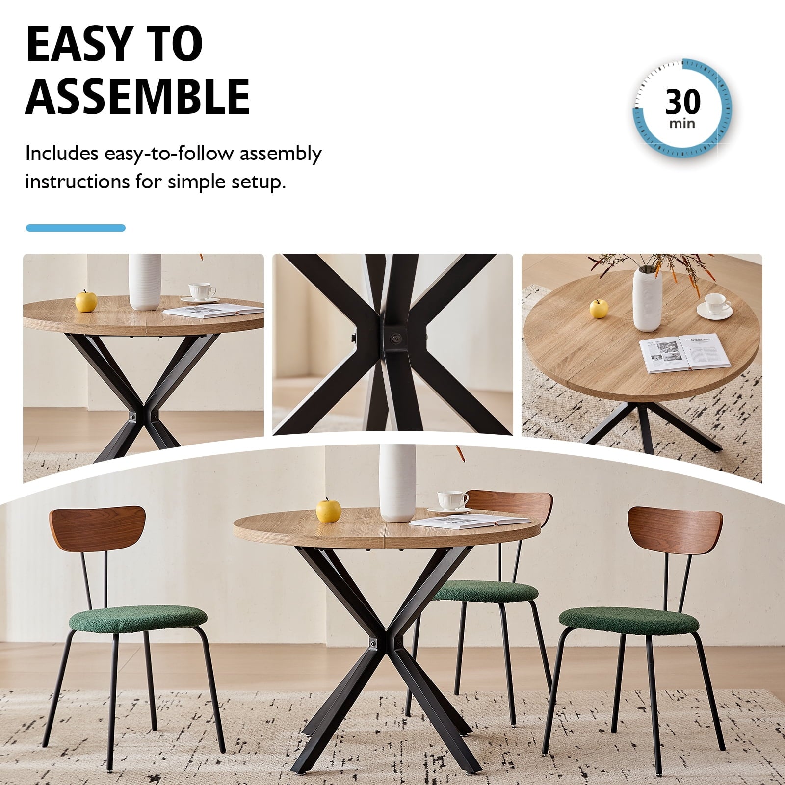 5 Piece 39 Round Dining Table Set for 4, Mid Century Kitchen Table with 4 Khaki Fabric Upholstered Dining Chairs for Apartment Living Room, Space Saving Table.