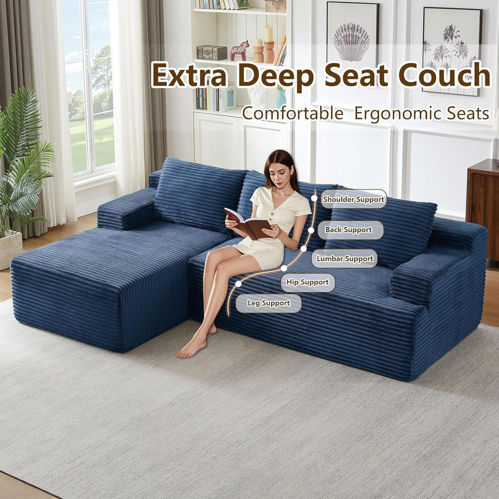 96 Boneless Cloud Couch with Chaise, Modular Sectional Sofa for Living Room, No Assembly Required, Deep Seat Corduroy Couch, Green