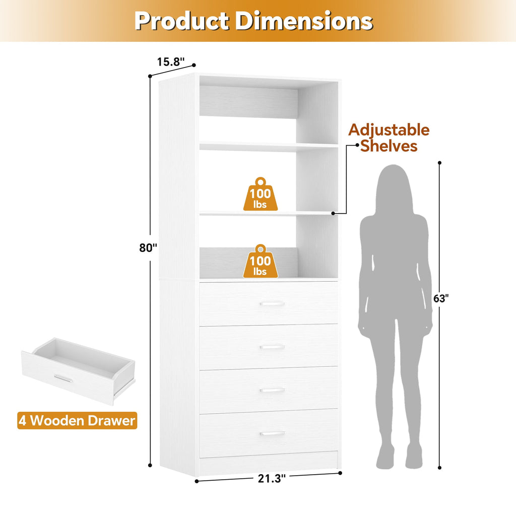 Homieasy 21.3 Inch Freestanding Closet System with 4 Wood Drawers and 3 Shelves for Walk-in Closet, Bedroom, White
