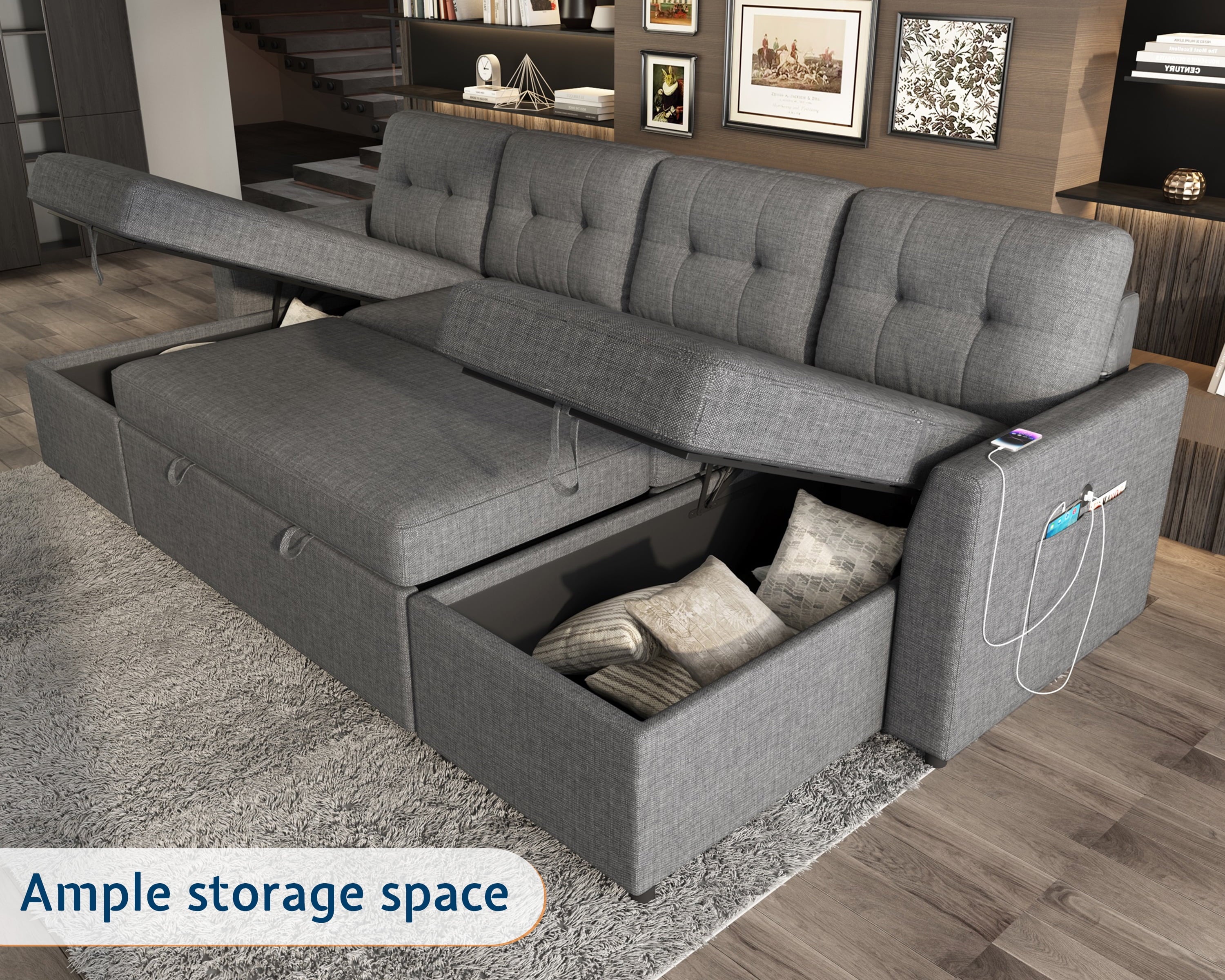 VANACC Sectional Sofa Bed with Storage and Soft Seat ,Reversible Pull Out Couch for Living Room,Gray