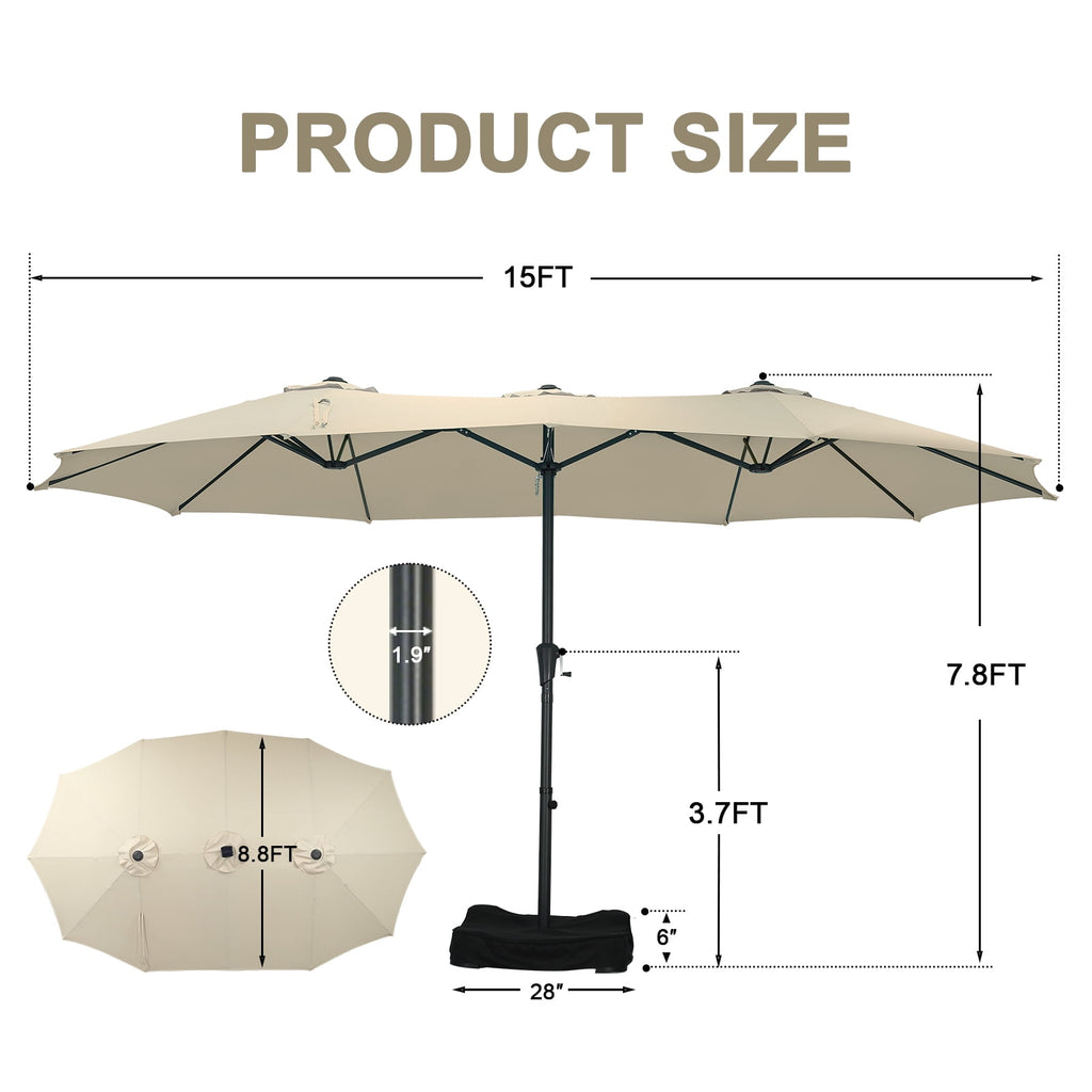 Ainfox 15ft Large Patio Umbrella with Solar Lights, Double-Sided Outdoor Rectangle Table Umbrellas with Sand Bag Base，Beige