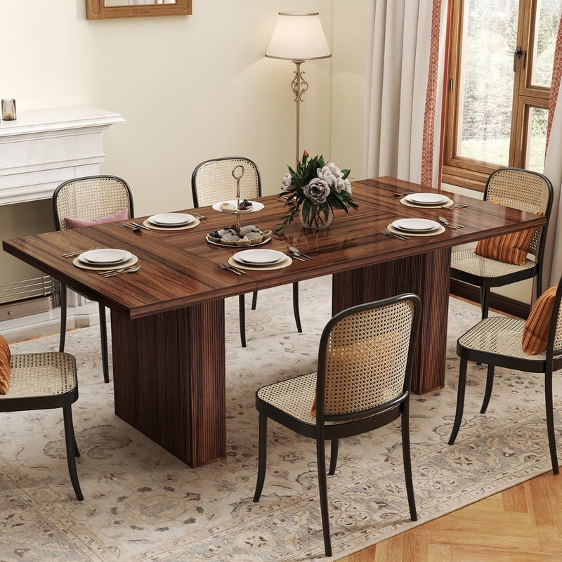 Hawsaiy 78 Rectangular Farmhouse Dining Table for 6–8, Large Kitchen Table with Grooved Wood Base, Thick Waterproof Top for Dining Room, Walnut