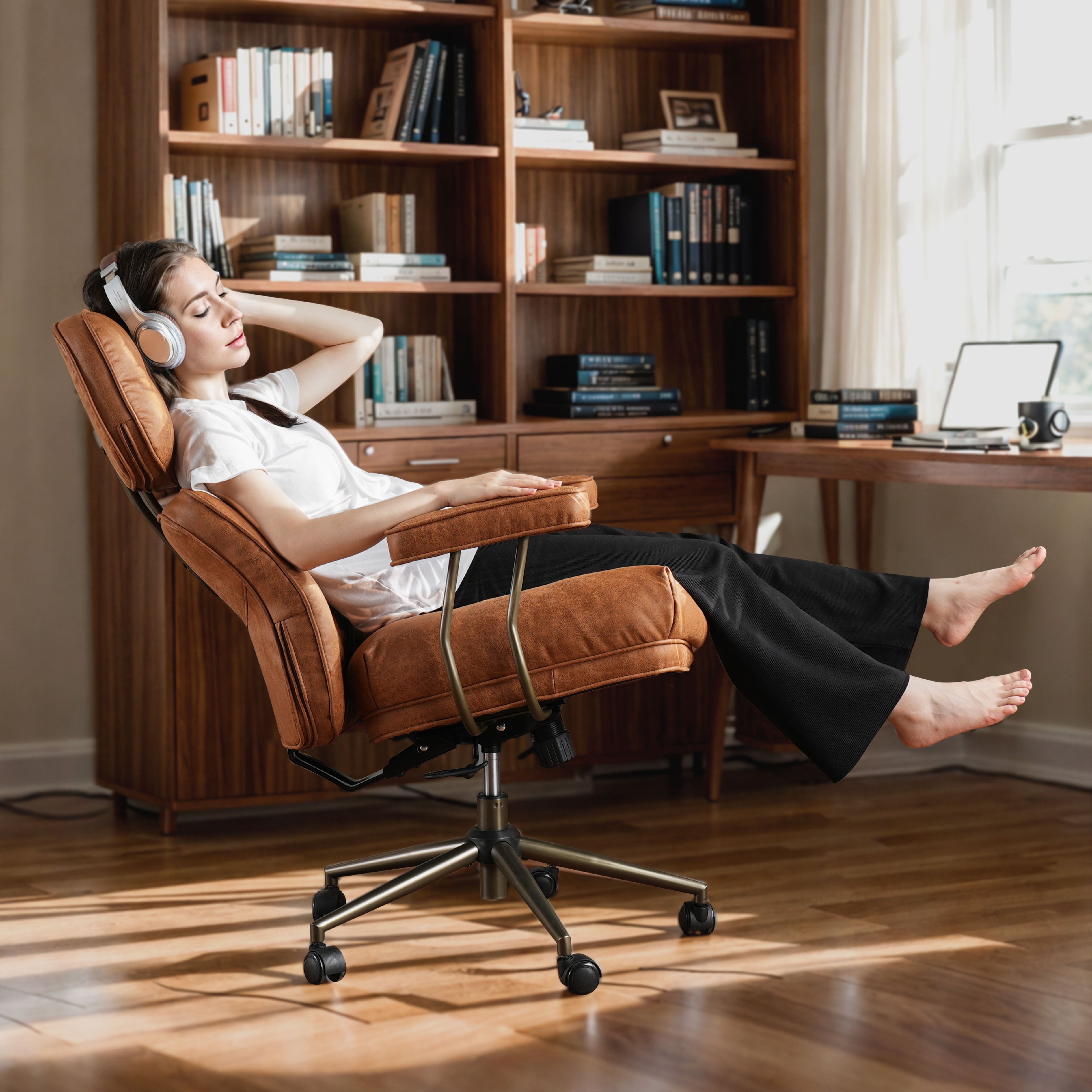 Toject Ergonomic Office Chair, High Back Big Comfy Home Office Chair with Lumbar Support, Mid-Century Modern Computer Executive Office Chair, Brown