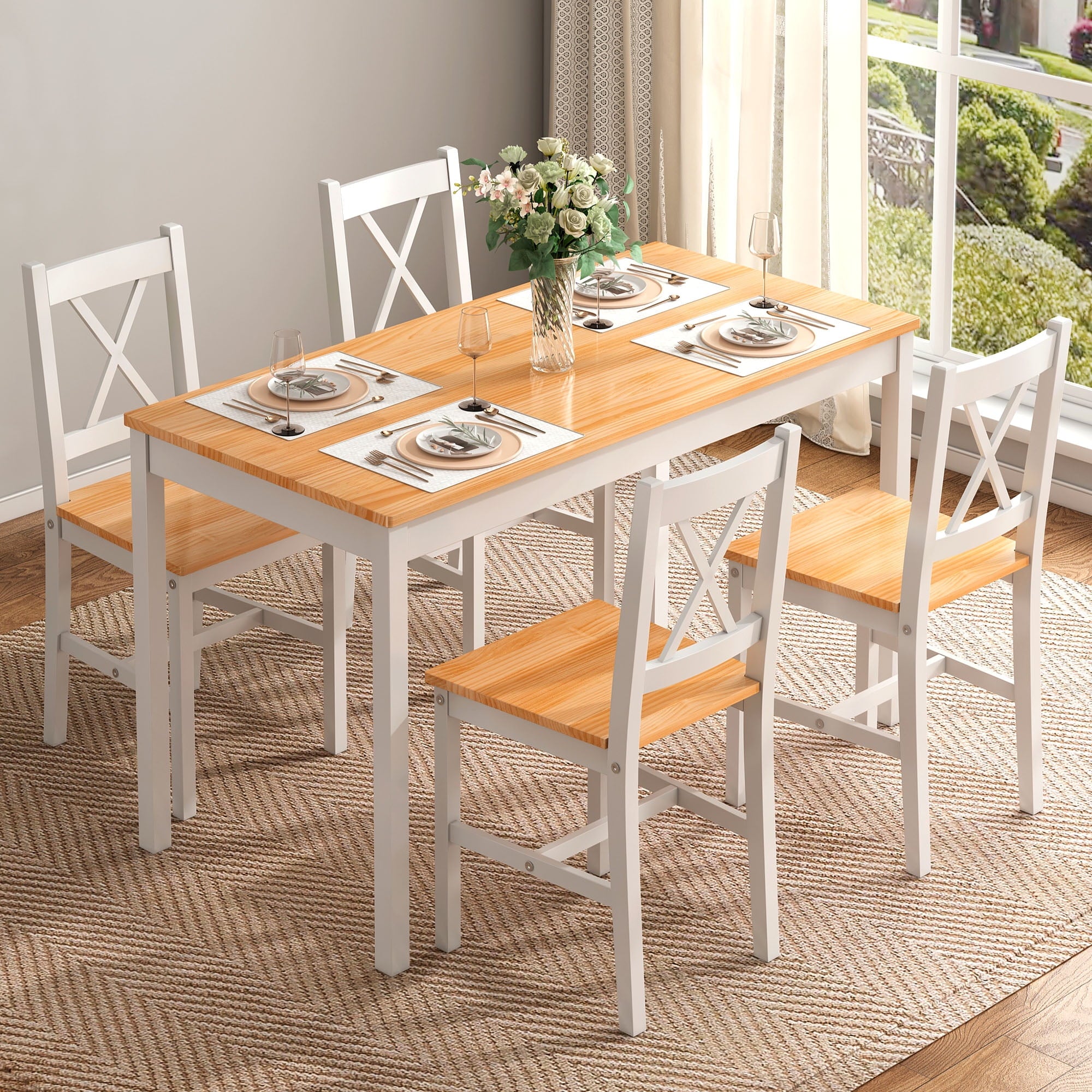 Soges 4-Person Dining Table Set 5 Pieces, Wood Kitchen Table Set with 4 Chairs for Kitchen Dining Room Restaurant, White&Oak