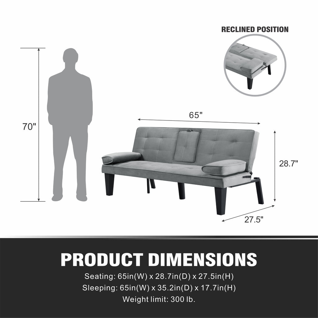 BSHTI 65 Modern Velvet Futon Sofa Bed with Drop Down Cup Holders, 3-Position Adjustable Backrest, Removable Arm Cushions, Chrome Legs for Living Room & Guest Room Black