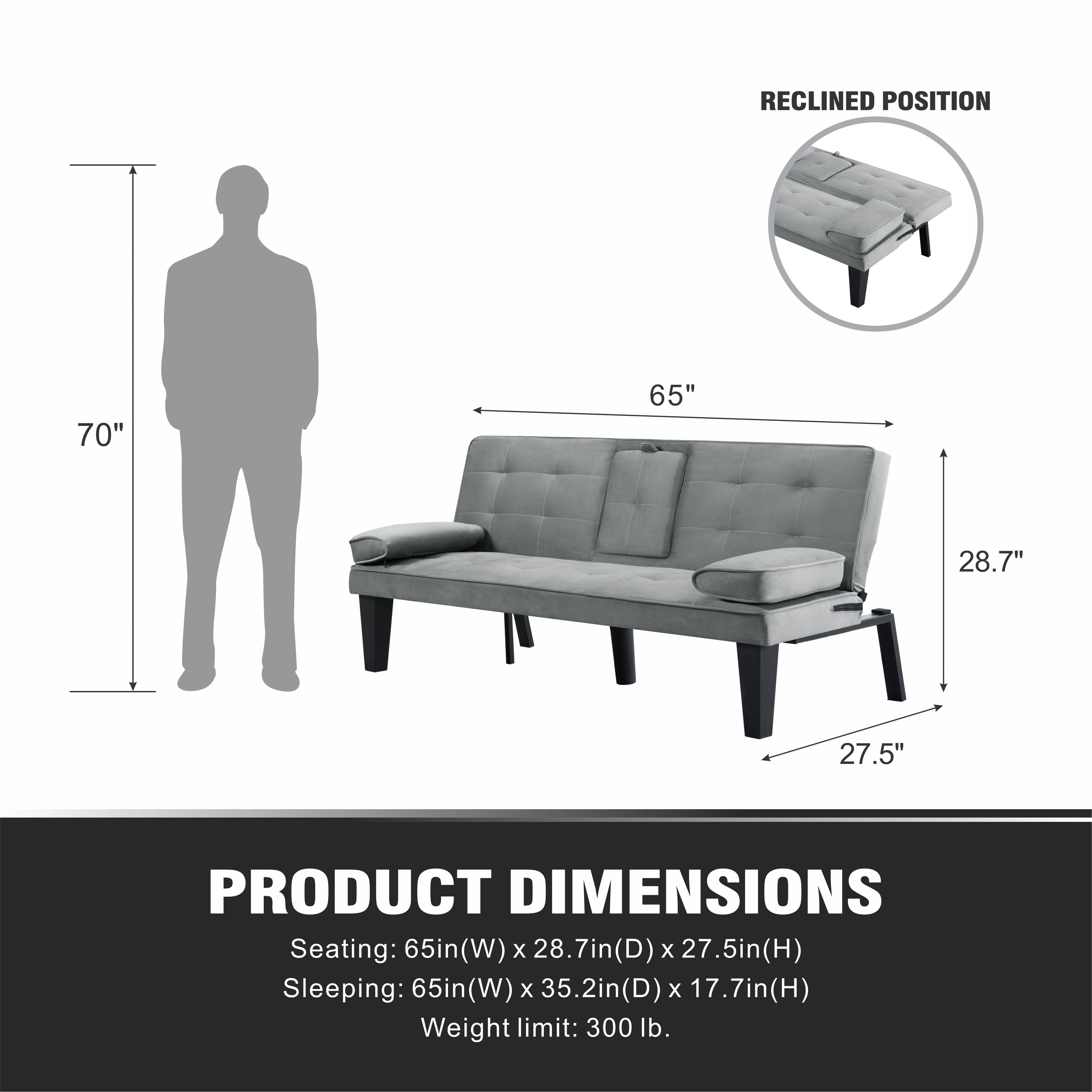 BSHTI 65 Modern Velvet Futon Sofa Bed with Drop Down Cup Holders, 3-Position Adjustable Backrest, Removable Arm Cushions, Chrome Legs for Living Room & Guest Room Black