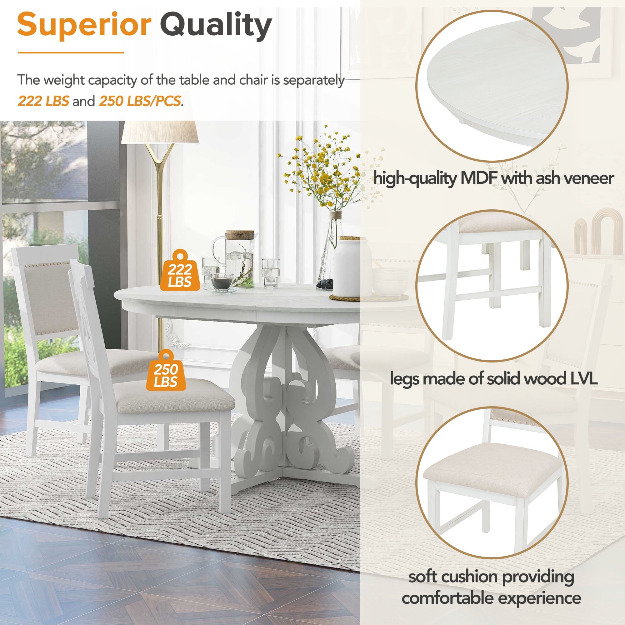 Harper & Bright Designs Farmhouse 5 Piece Kitchen Dining Table Set for 4, Solid Wood Extendable Round Dining Table Set and 4 Upholstered Chairs, Retro Dining Set for Kitchen, Natural Wood Wash