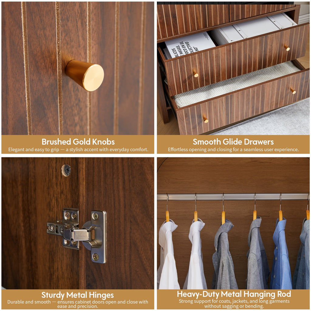 Wirrytor Freestanding Wooden Armoire Wardrobe with 2 Woven Doors and Storage Drawers, Space-Saving Closet Cabinet for Bedroom, Sturdy Mdf Board Closet with Hanging Rail