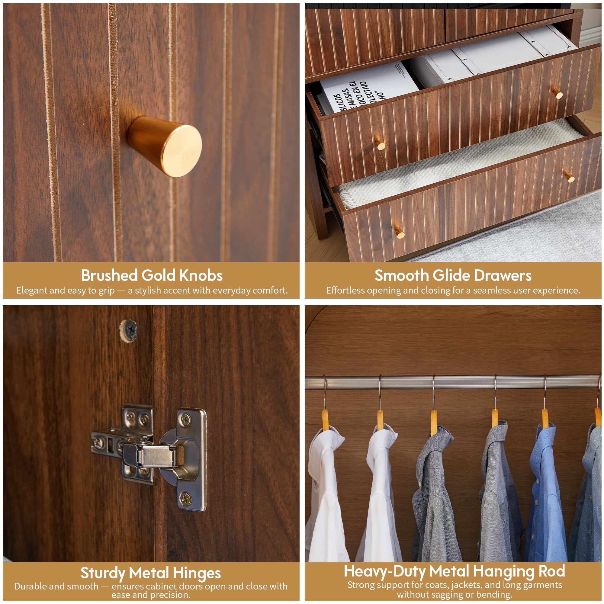 Wirrytor Freestanding Wooden Armoire Wardrobe with 2 Woven Doors and Storage Drawers, Space-Saving Closet Cabinet for Bedroom, Sturdy Mdf Board Closet with Hanging Rail